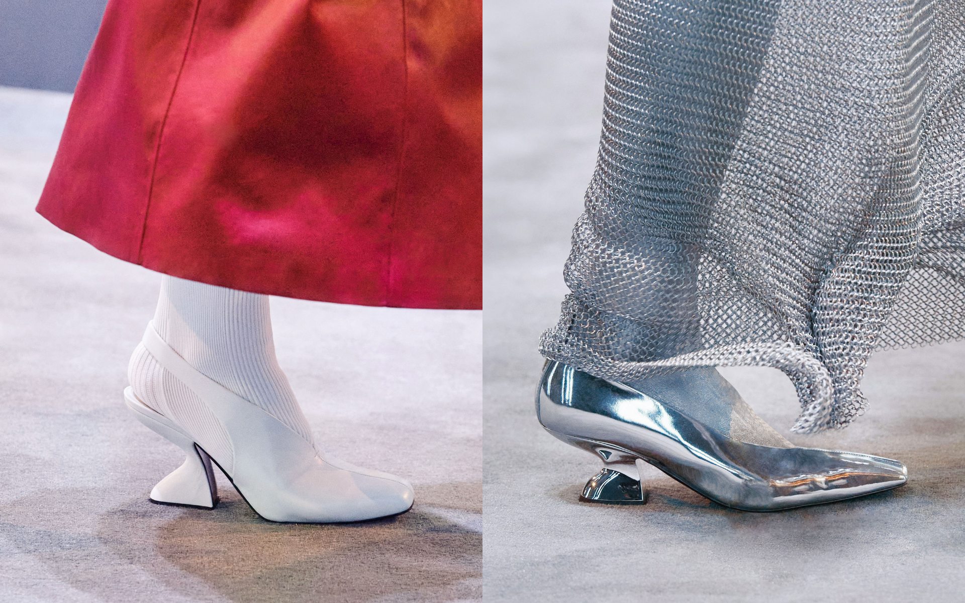 A reimagining of Ferragamo’s iconic F-heel adorned with rhinestones and a galvanised finish