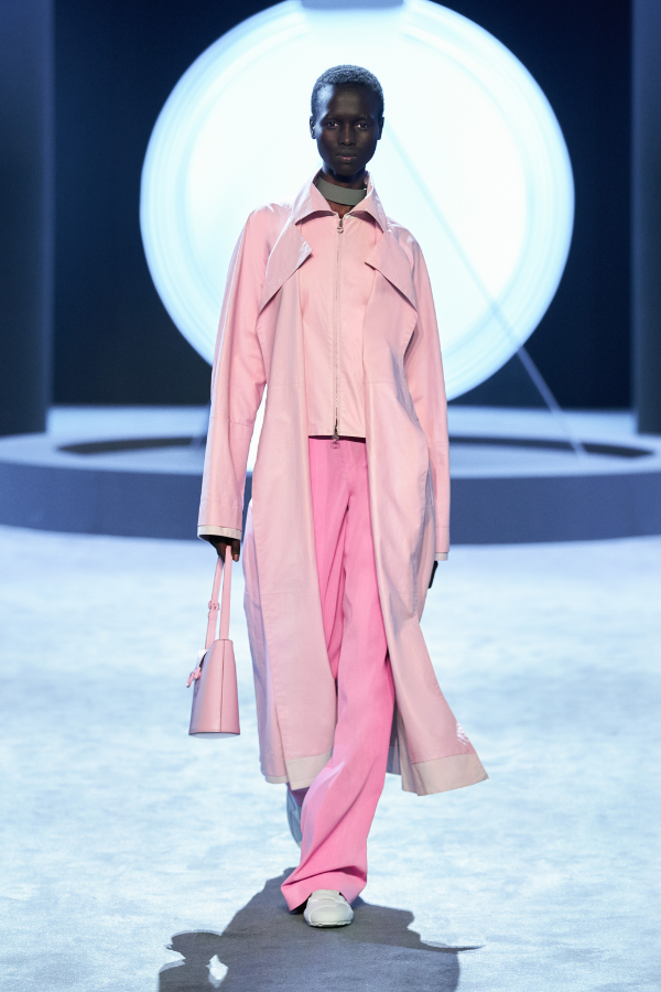 A revolumed, deconstructed Studio bag in pastel pink to match the rest of the look