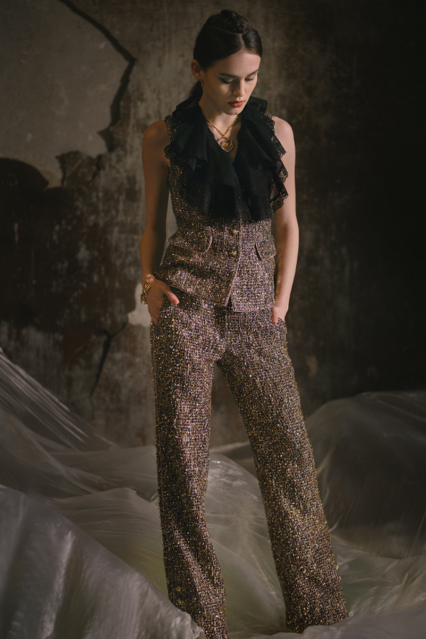 This tweed ensemble with black ruffle collar lives up to Shiatzy Chen's reputation as the 'Chanel of Asia'