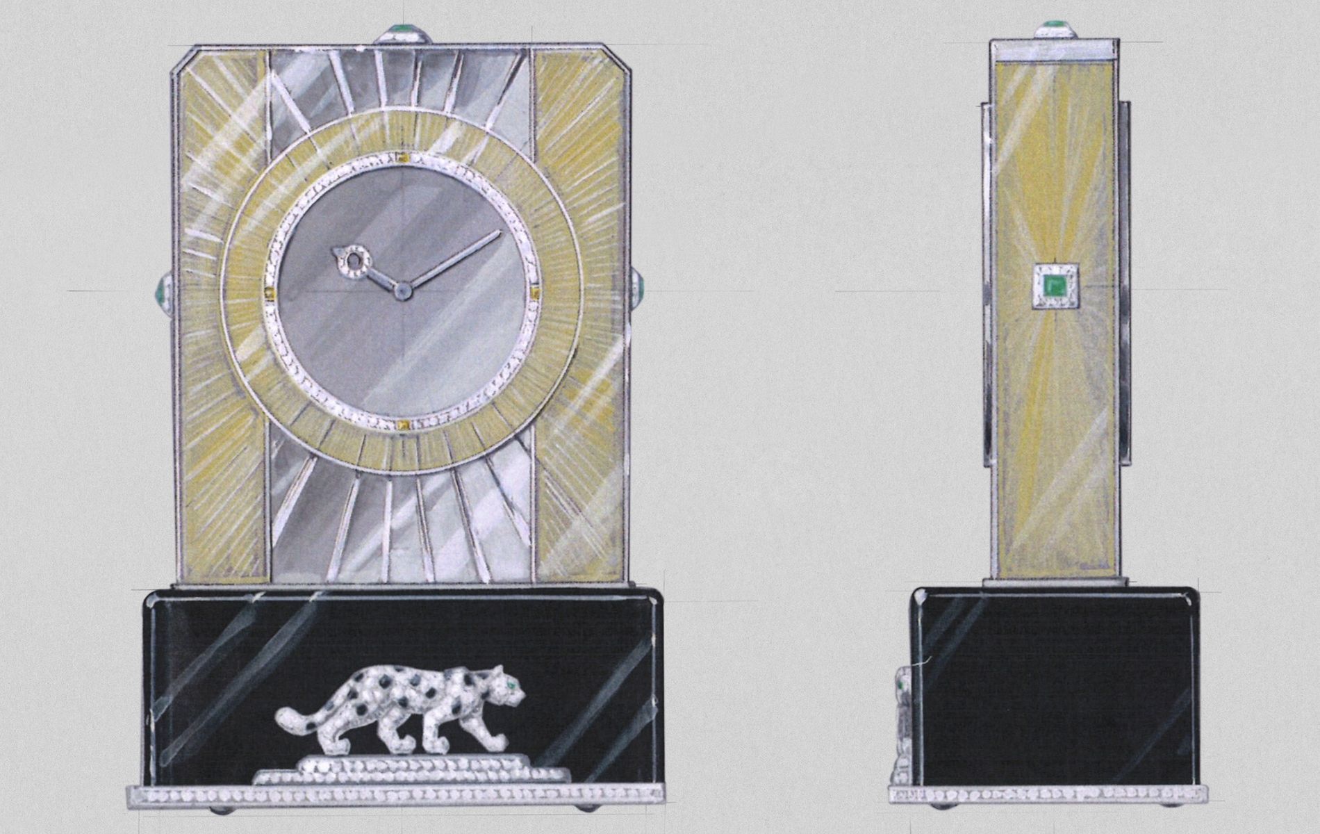 Cartier Mini Mysterious Clock in yellow and set with cabochons on three sides
