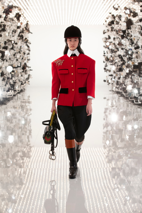 The classic riding outfit is given a high fashion makeover, with modern silhouettes and high collars