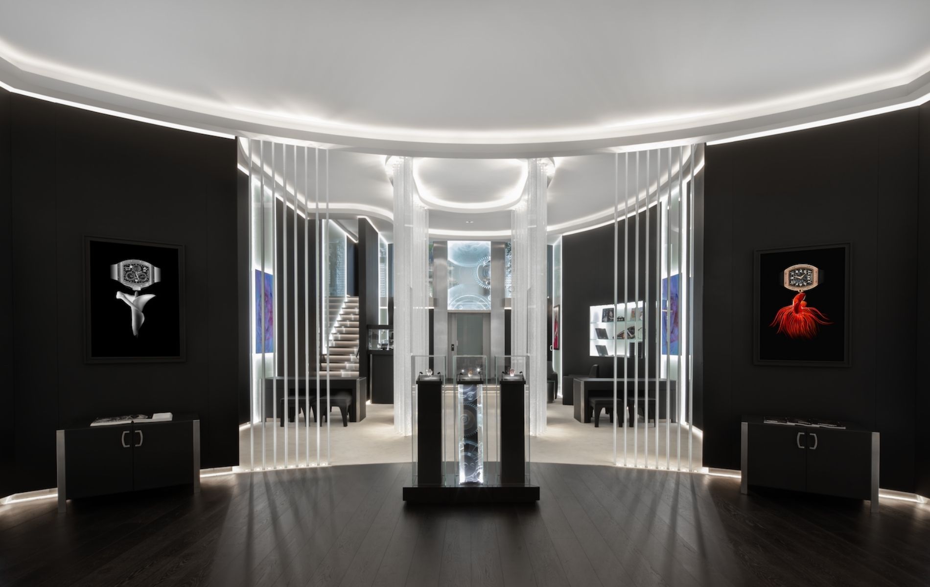 Dark wood and leather juxtaposed against glass for a striking aesthetic
