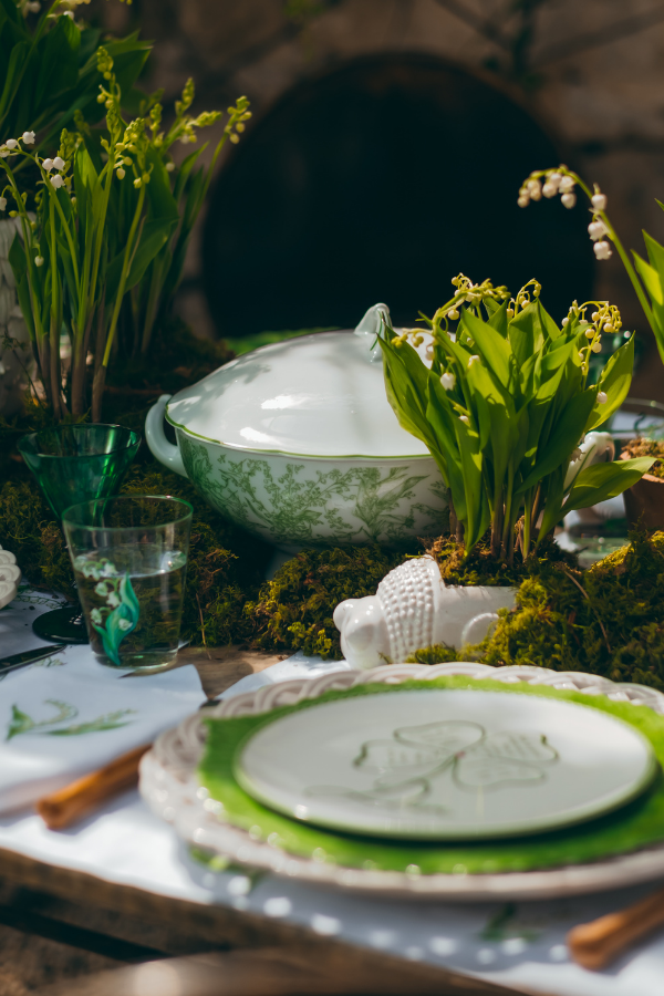 The New Lily of the Valley line makes tableware delightful with four-leaf clovers and precious bouquets of lily of the valley