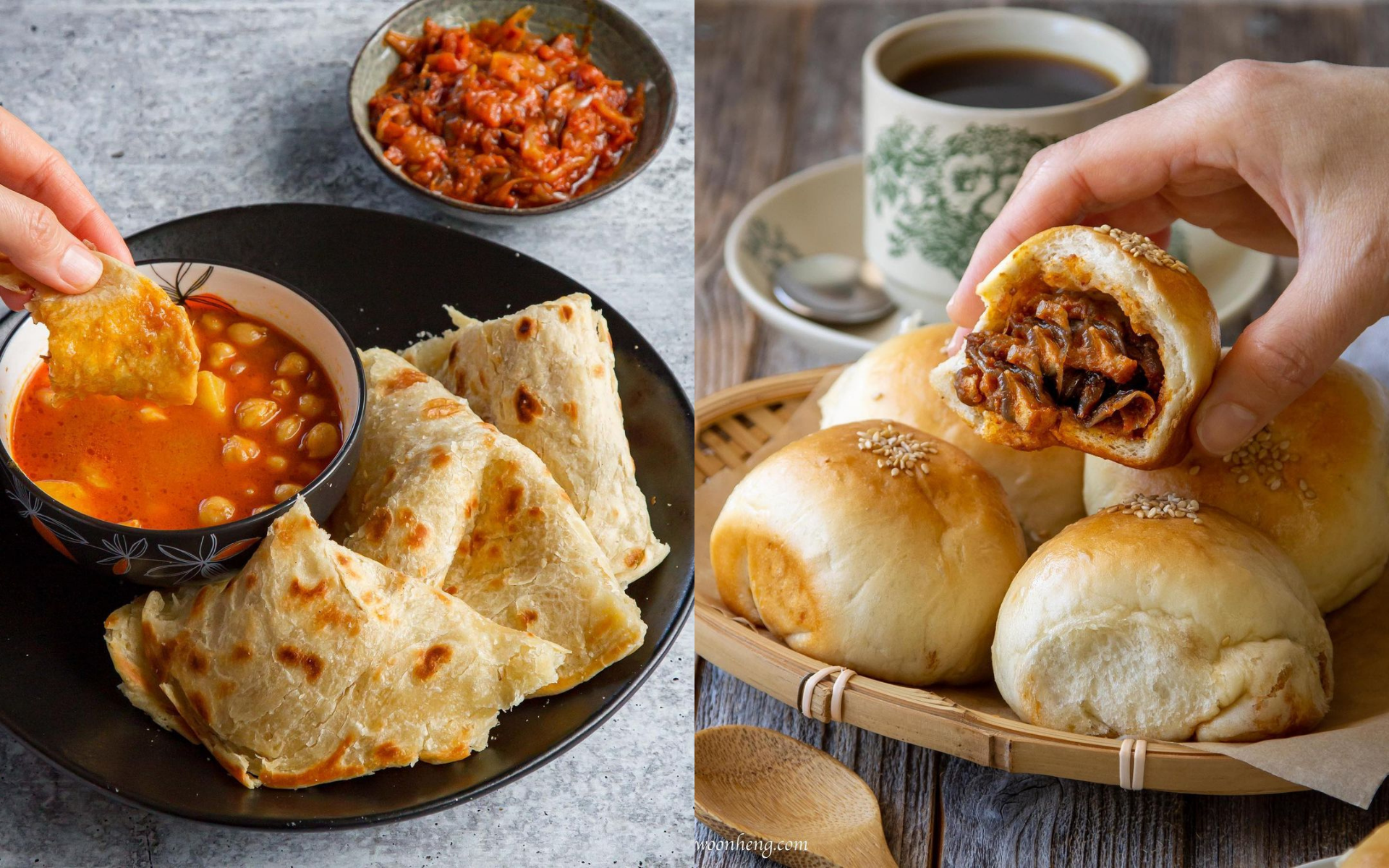 Roti canai with chickpea curry and sambal tofu bun by Woon Heng (Photo: Instagram/@woon.heng)