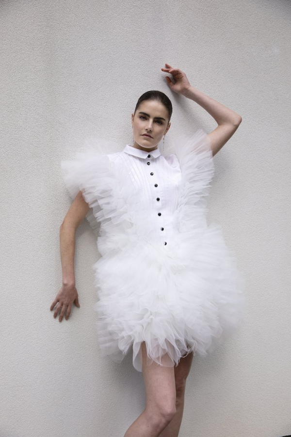 This tuxedo-inspired minidress adds playful, feminine touches with tulle and silk faille