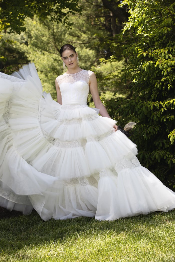 Delectable: This cascading tulle-and-lace dress has as many tiers as your wedding cake