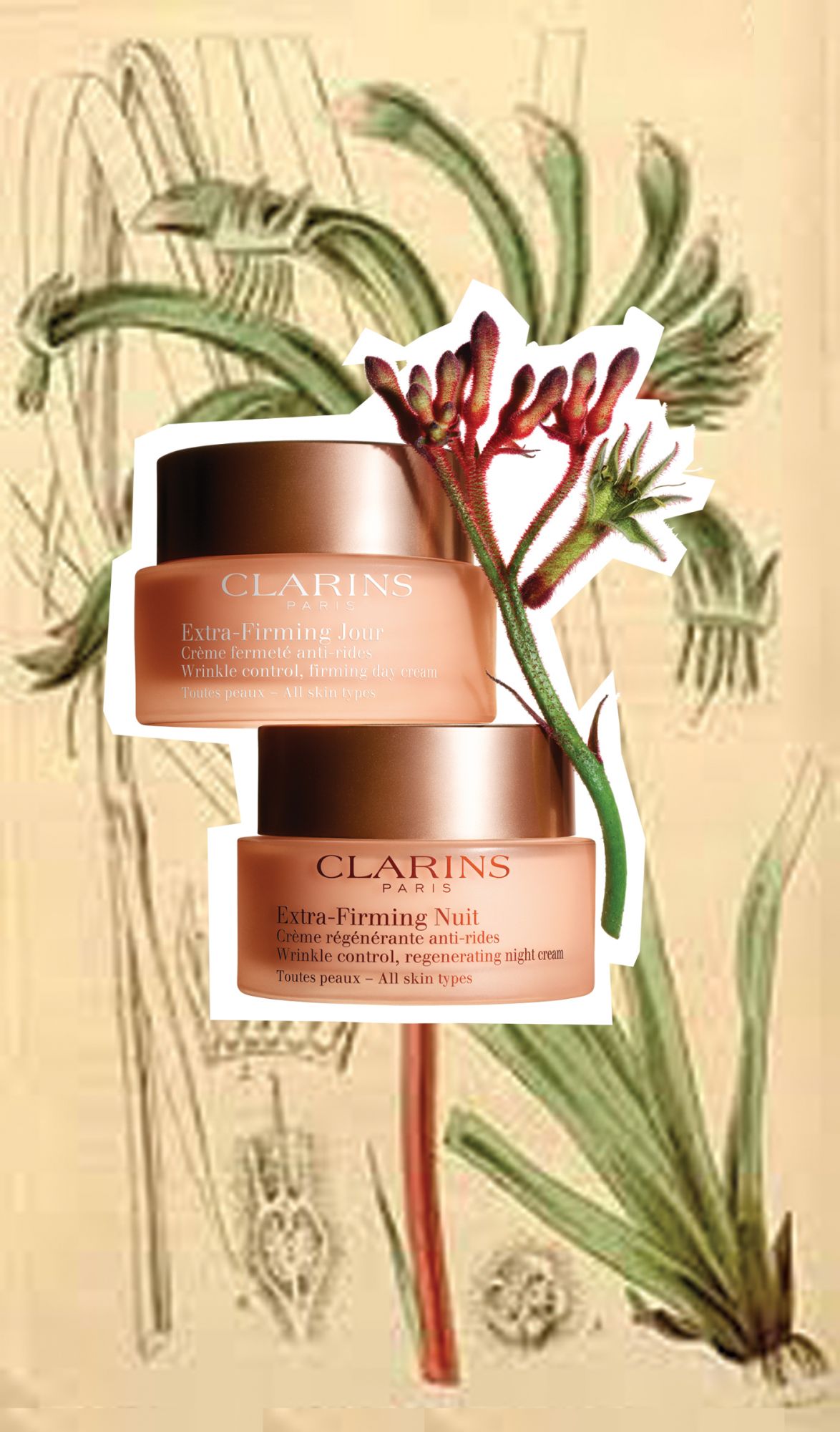 The Extra-Firming Duo comprises a day and a night cream, both formulated with Australian kangaroo flower extract that preserves youth reservoirs and brings the spring back to your skin