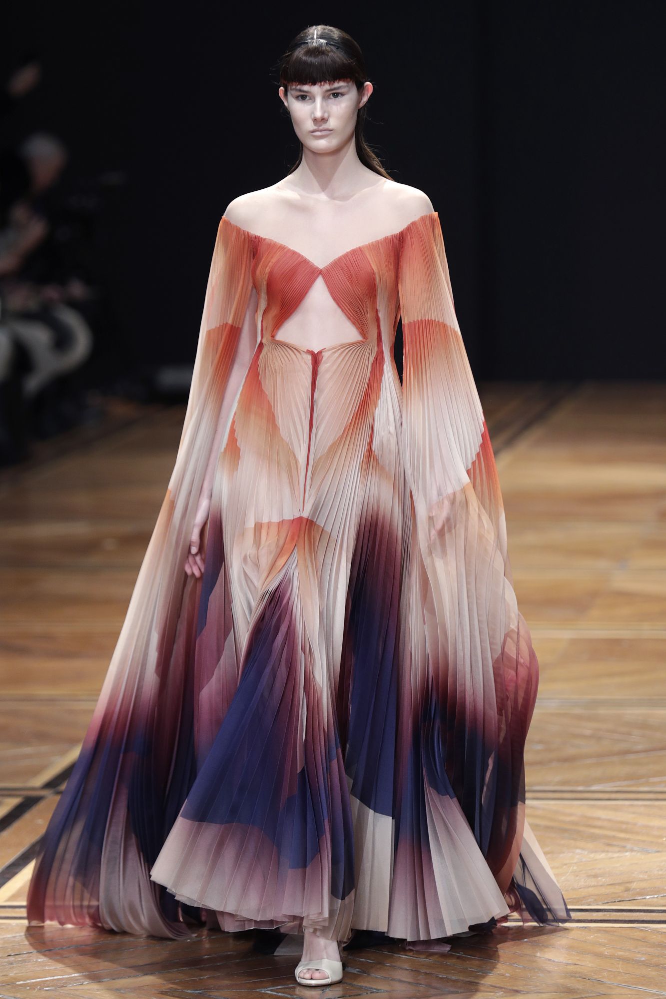 Poetry and delicacy figured large in the collection by Iris Van Herpen, which featured airy, pleated dresses that seemed to float down the catwalk. Paris, January 21, 2019.