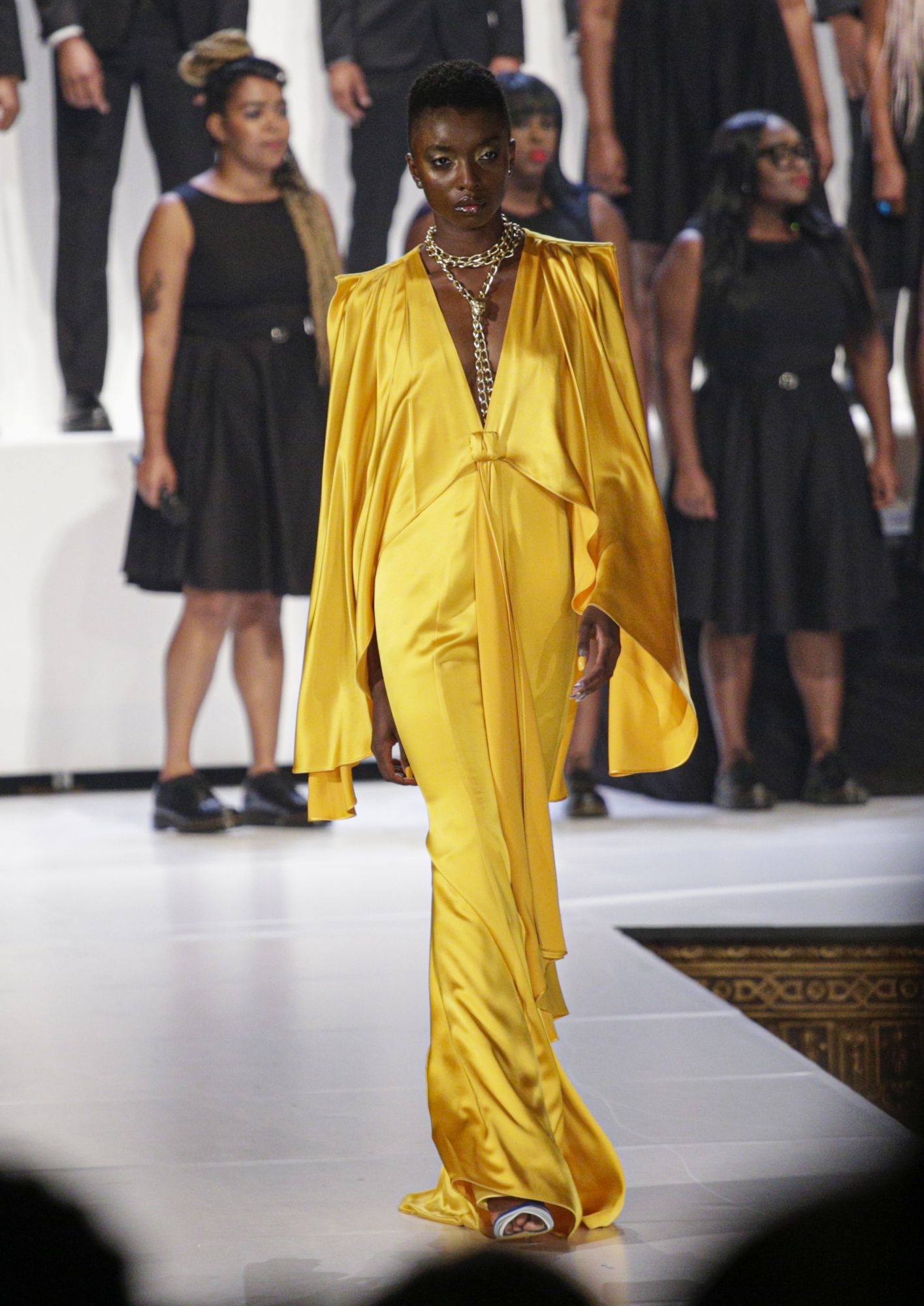A model walks the runway at the Pyer Moss show at the Kings Theatre during the New York Fashion Week in Brooklyn on September 08, 2019. (Photo by Kena Betancur / AFP)