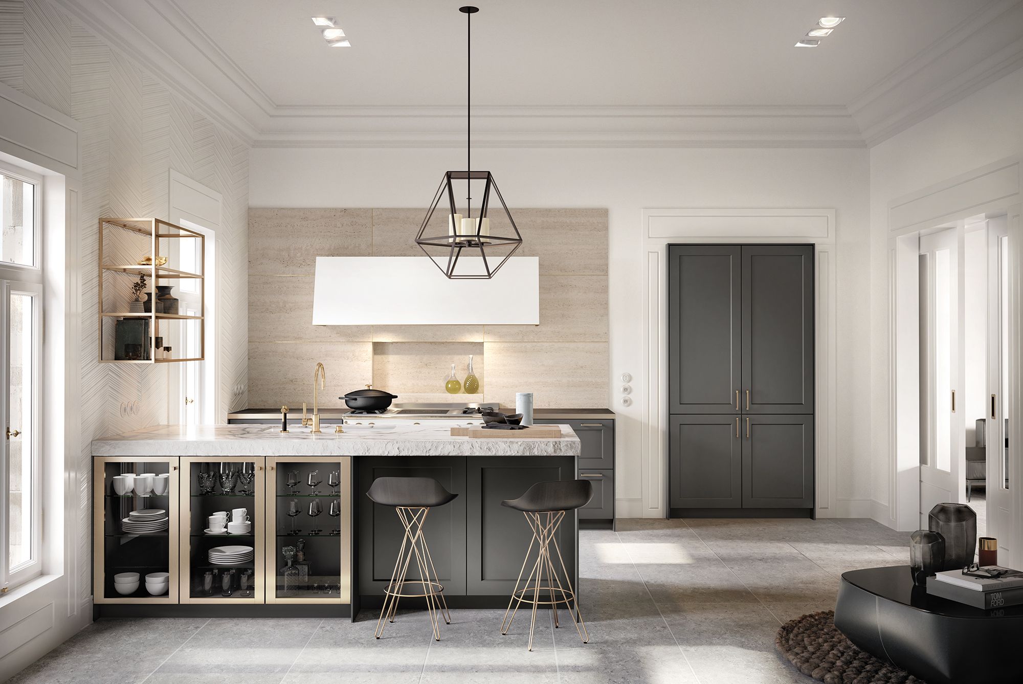 Metallic details in gold bronze from the SieMatic Classic Style Collection give the kitchen a bright shine. Available at Focus Global Inc.