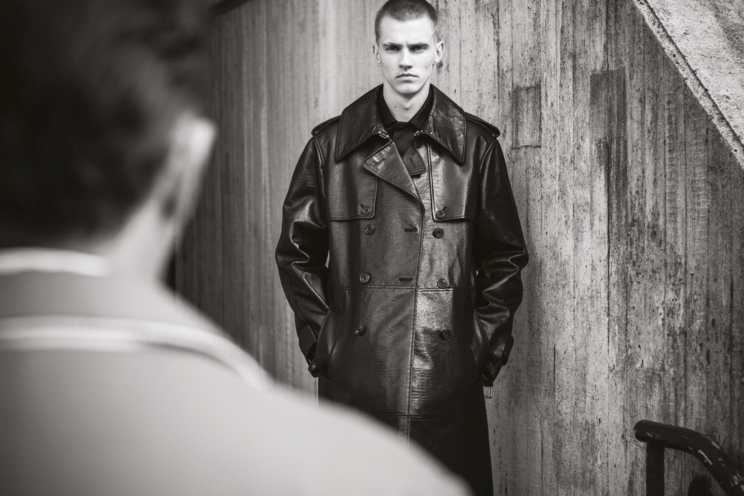 Boiler suit by Jil Sander and coat by Alexander McQueen