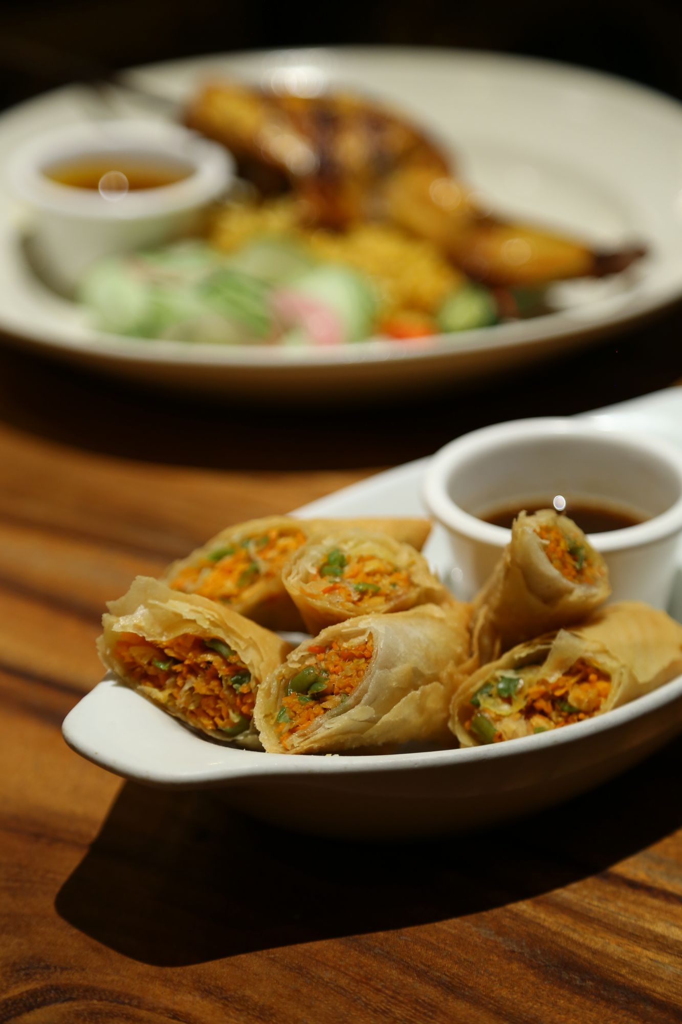 lumpia with salmon tuyo and chicken inasal