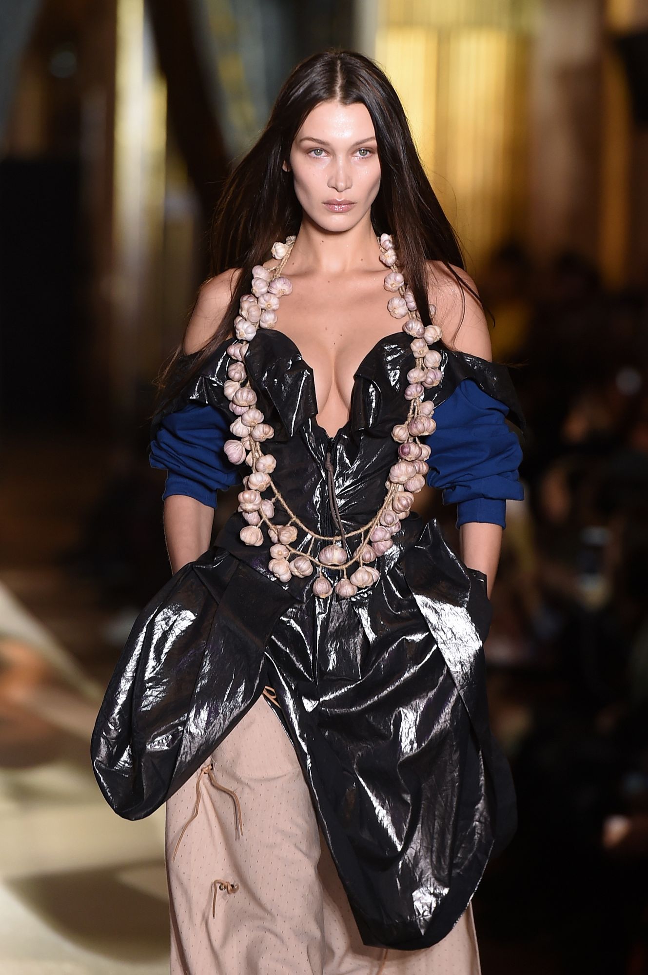 US model Bella Hadid presents a creation by Vivienne Westwood during the Women's Fall-Winter 2020-2021 Ready-to-Wear collection fashion show in Paris, on February 29, 2020. (Photo by Lucas BARIOULET / AFP)