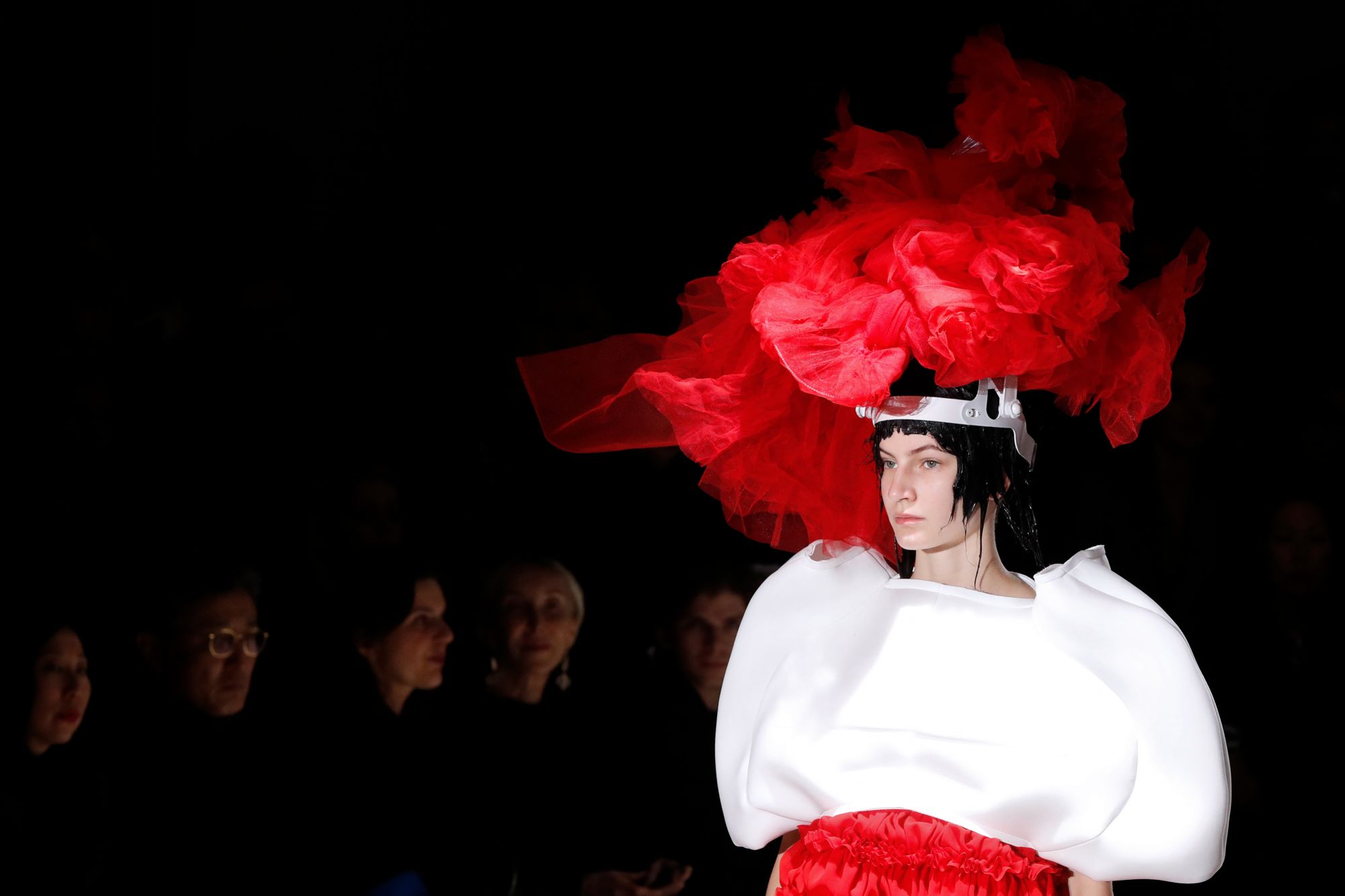 A model presents a creation for Comme des Garcons during the Women's Fall-Winter 2020-2021 Ready-to-Wear collection fashion show in Paris, on February 29, 2020. (Photo by FRANCOIS GUILLOT / AFP)