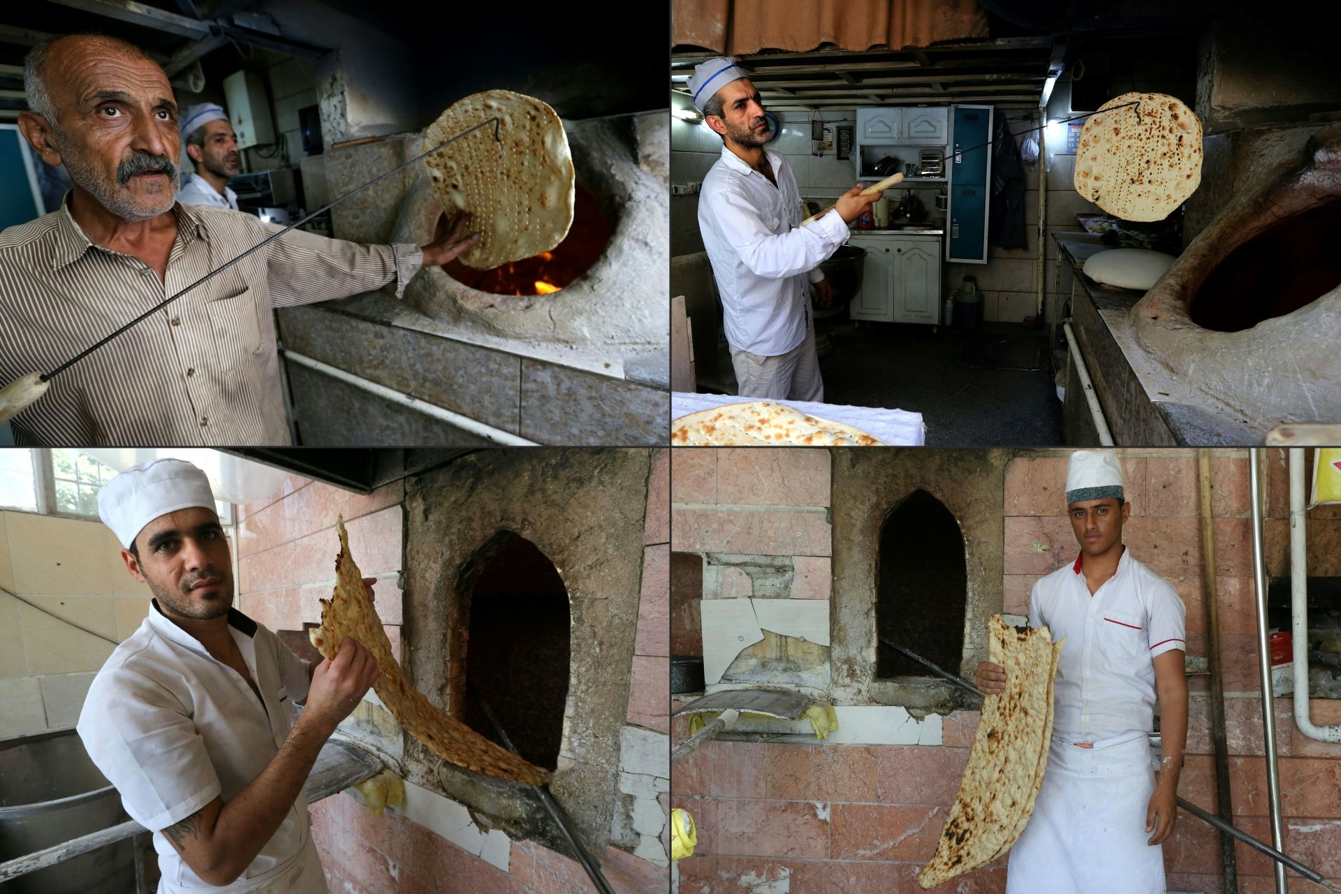(COMBO) This combination of pictures created on June 24, 2020 shows (top) bakers Amir Jafari, 58, and Mohammad Mirzakhani, 41, making Taftoon bread; and (bottom) bakers Mohammad, 30, and Ali, 21, making Sangak bread; at separate bakeries in Iran's capital Tehran on June 13, 2020. (Photos by ATTA KENARE / AFP)