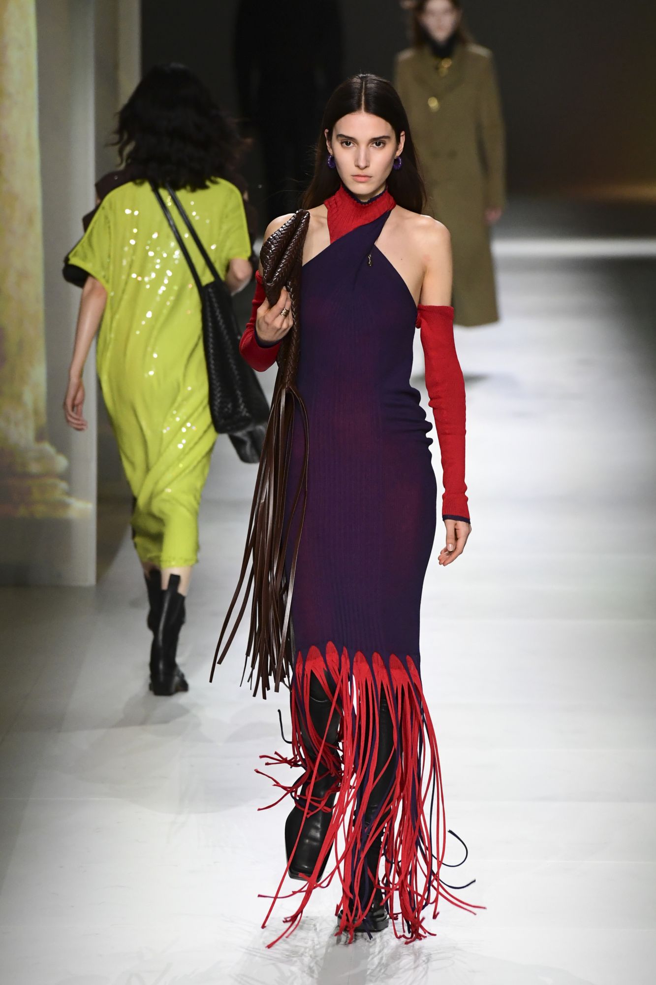 A model presents a creation for Bottega Veneta's' Women Fall - Winter 2020 fashion collection on February 22, 2020 in Milan. (Photo by Miguel MEDINA / AFP)