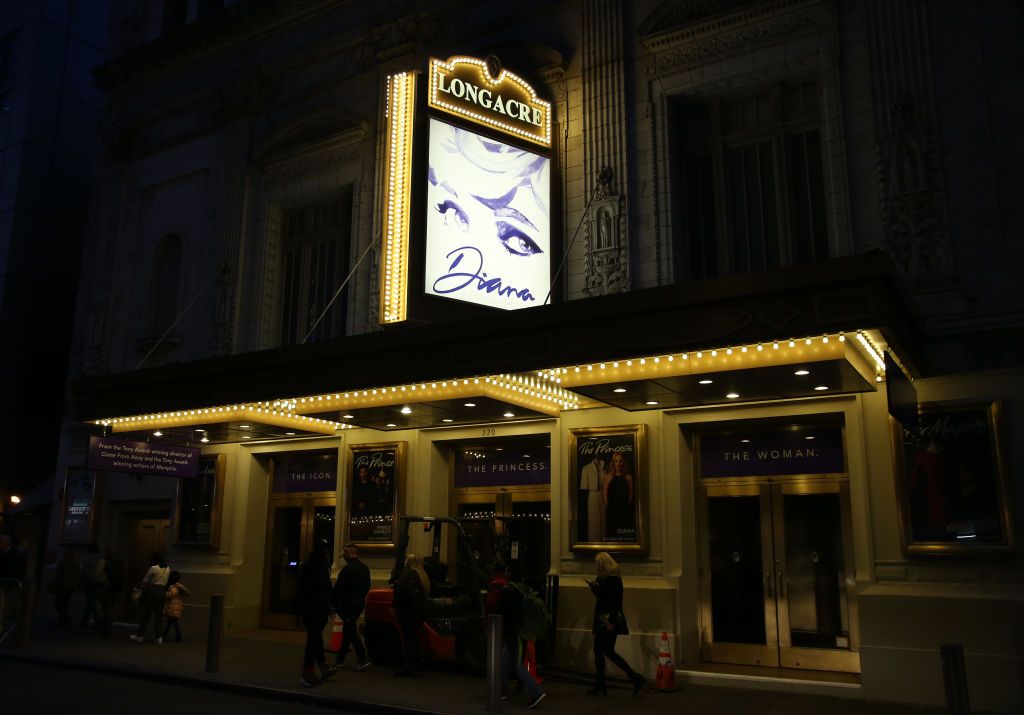 NEW YORK, NY - JANUARY 13: Theatre marquee for "Diana - A True Musical Story", a musical about Princess Diana, at the Longacre Theatre on January 13, 2020 in New York City. (Photo by Walter McBride/Getty Images)