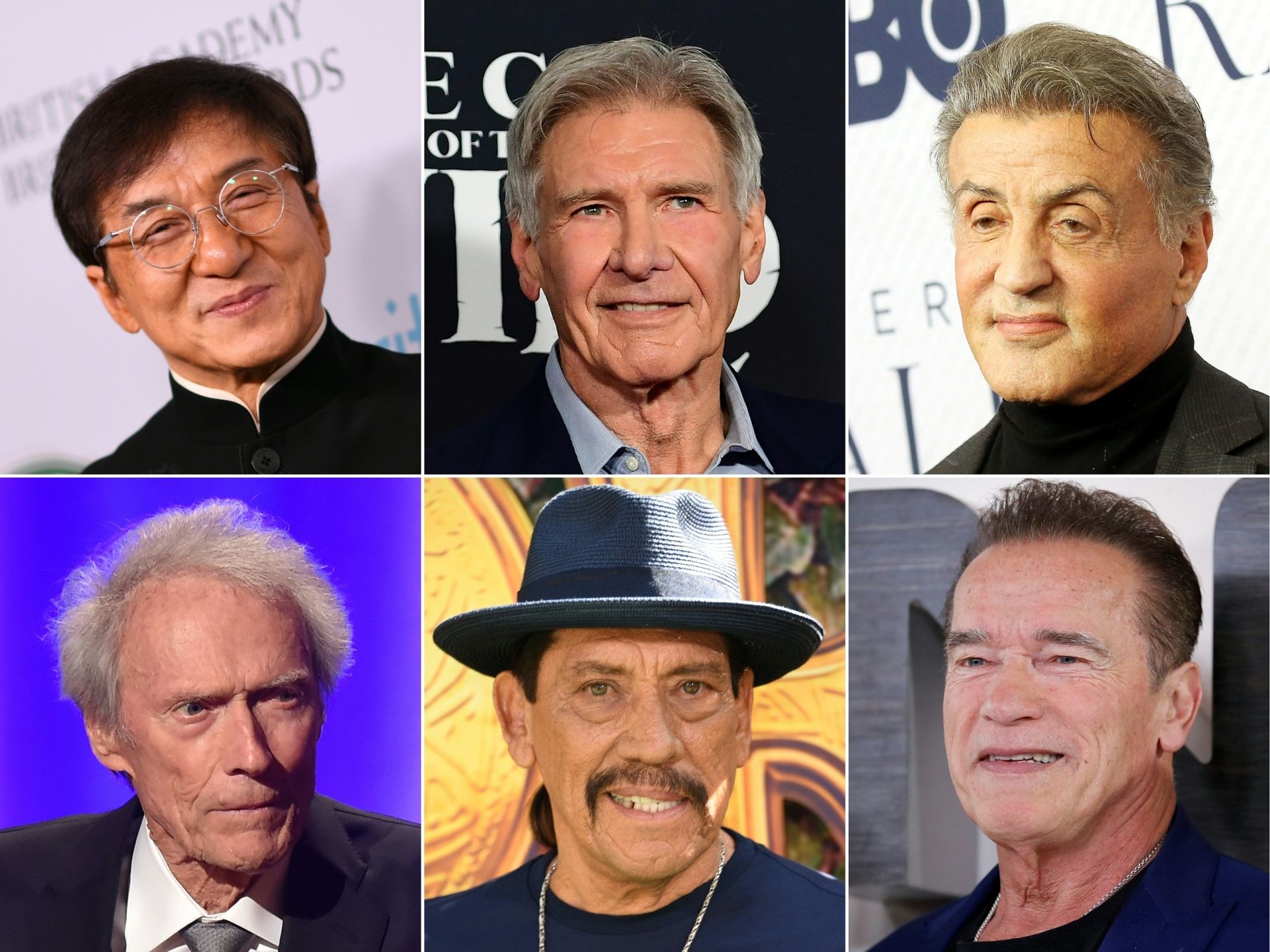 (COMBO) This combination of file pictures created on December 15, 2020 shows (from top L) Hong Kong martial artist and actor Jackie Chan arriving for the 2019 British Academy Britannia (BAFTA) awards at the Beverly Hilton hotel in Beverly Hills on October 25, 2019, US actor Harrison Ford arriving for Disney's "The Call of the Wild" premiere at El Capitan theatre in Hollywood, California on February 13, 2020, US actor Sylvester Stallone arriving for the Los Angeles premiere of the HBO documentary "Very Ralph