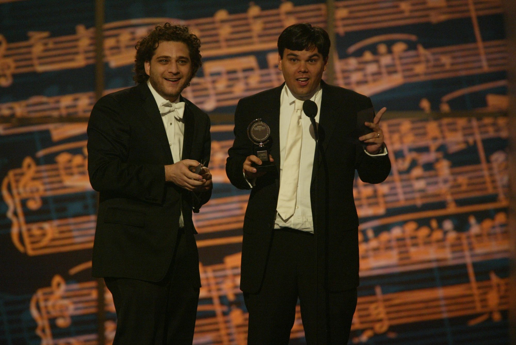 NEW YORK - JUNE 6: (HOLLYWOOD REPORTER OUT) Robert Lopez and Jeff Marx , winner of "Best Original Score (Music and/or Lyrics) Written for the Theatre" for "Avenue Q" appear on stage during the "58th Annual Tony Awards" at Radio City Music Hall on June 6, 2004 in New York City. The Tony Awards are presented by the League of American Theatres and Producers and the American Theatre Wing. (Photo by Frank Micelotta/Getty Images)