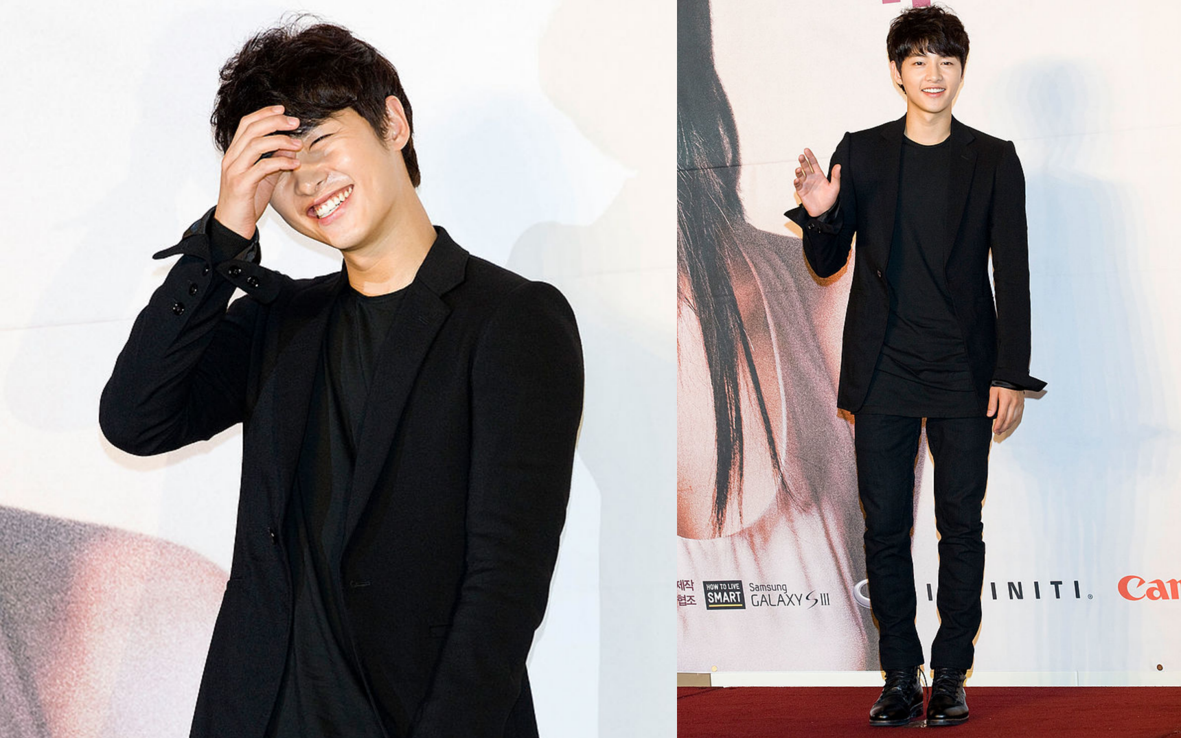 All-black everything. Song Joong-ki pulls off this monochrome outfit by pairing different textures, a relaxed yet polished look; Song Joong-Ki attends during a press conference to promote the KBS drama 'The Innocent Man' at COEX Intercontinental Hotel on 5 September 2012 in Seoul, South Korea. | Photo by Han Myung-Gu/WireImage