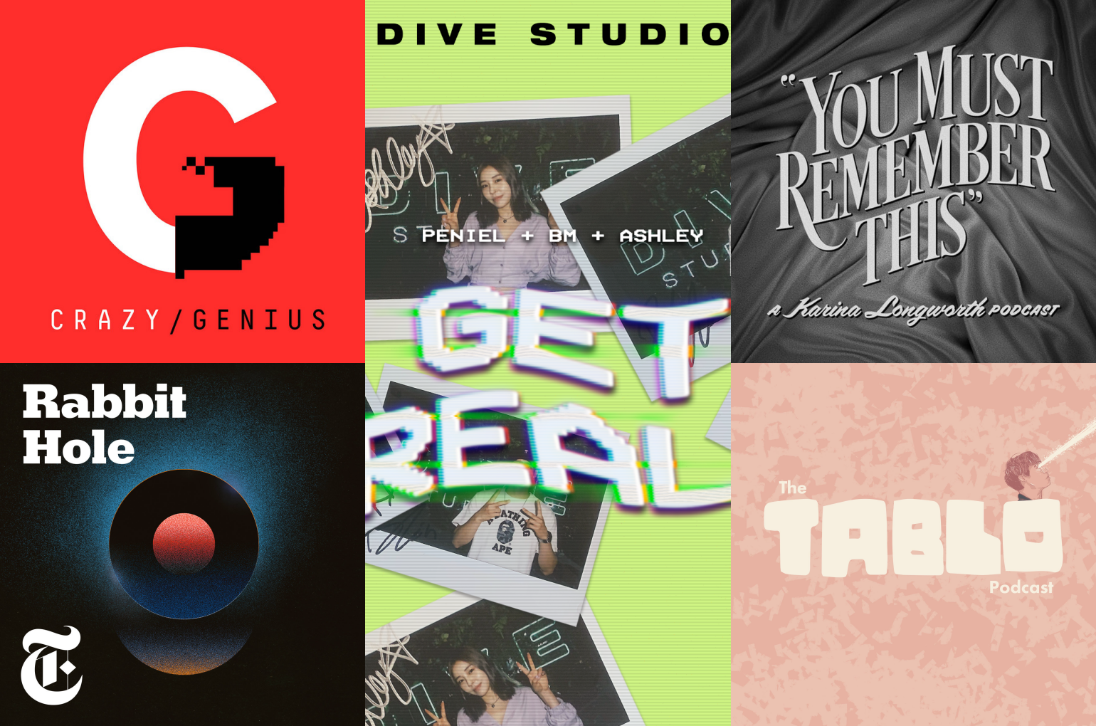 Thought-provoking podcasts for millenials; Photo: stylised (clockwise): Crazy/ Genius, Get Real, You Must Remember This, The Tablo Podcast, The Rabbit Hole