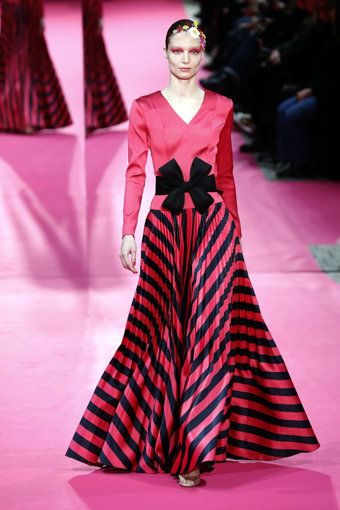 Alexis Mabille presented refined willowy silhouettes, which packed an energetic and optimistic punch, as evidenced by this pleated striped dress.