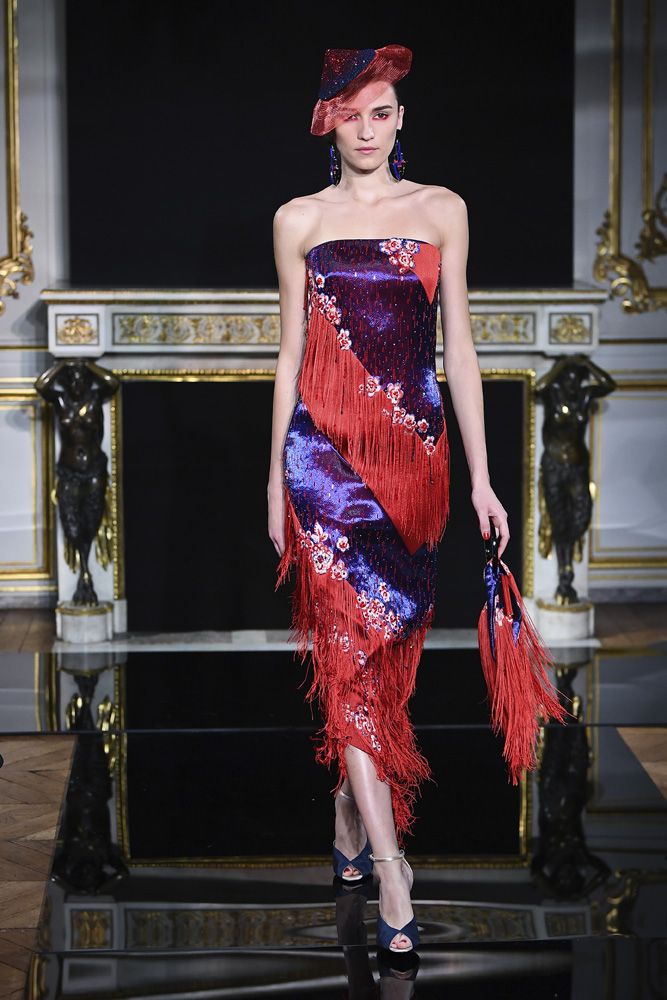 Giorgio Armani's mostly red and blue evening dresses offered the ultimate in chic and sophistication