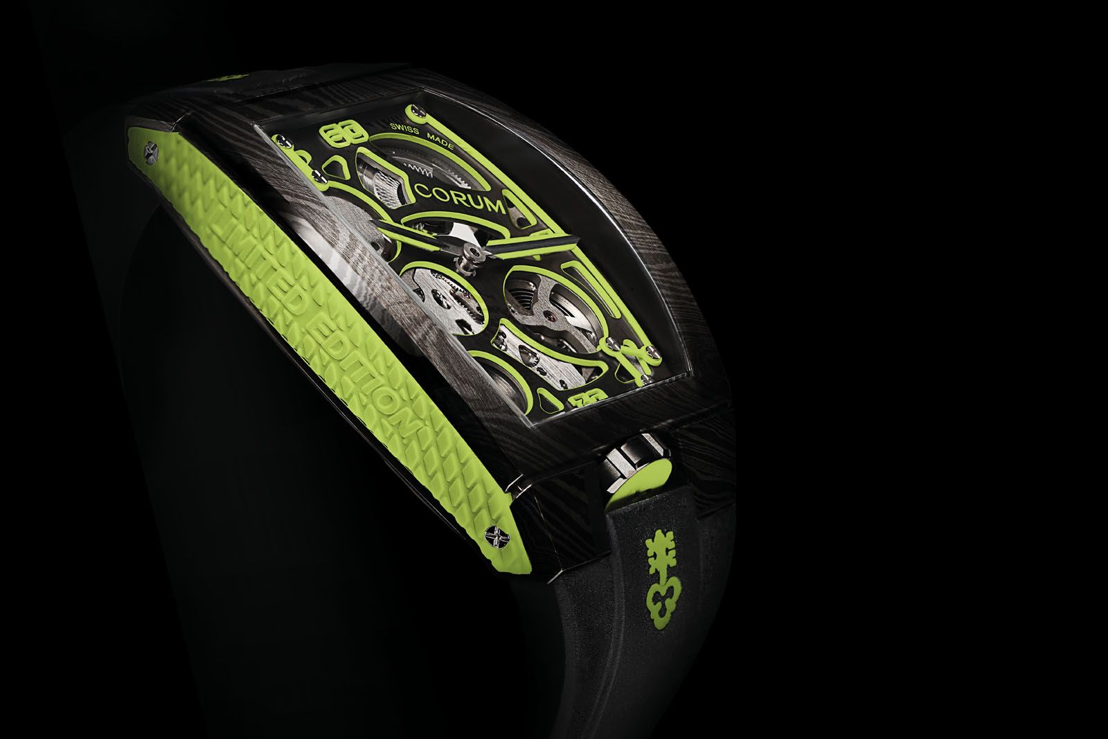 The futuristic look as well as accents such as lime green on the Lab 01 makes for a major deviation from the typical classical aesthetics of Corum's timepieces