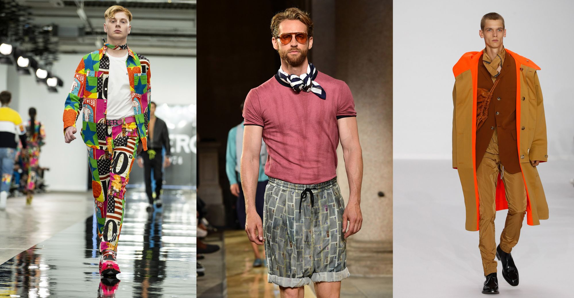 Scarves and bandanas tied around the neck by Iceberg, Armani and Paul Smith