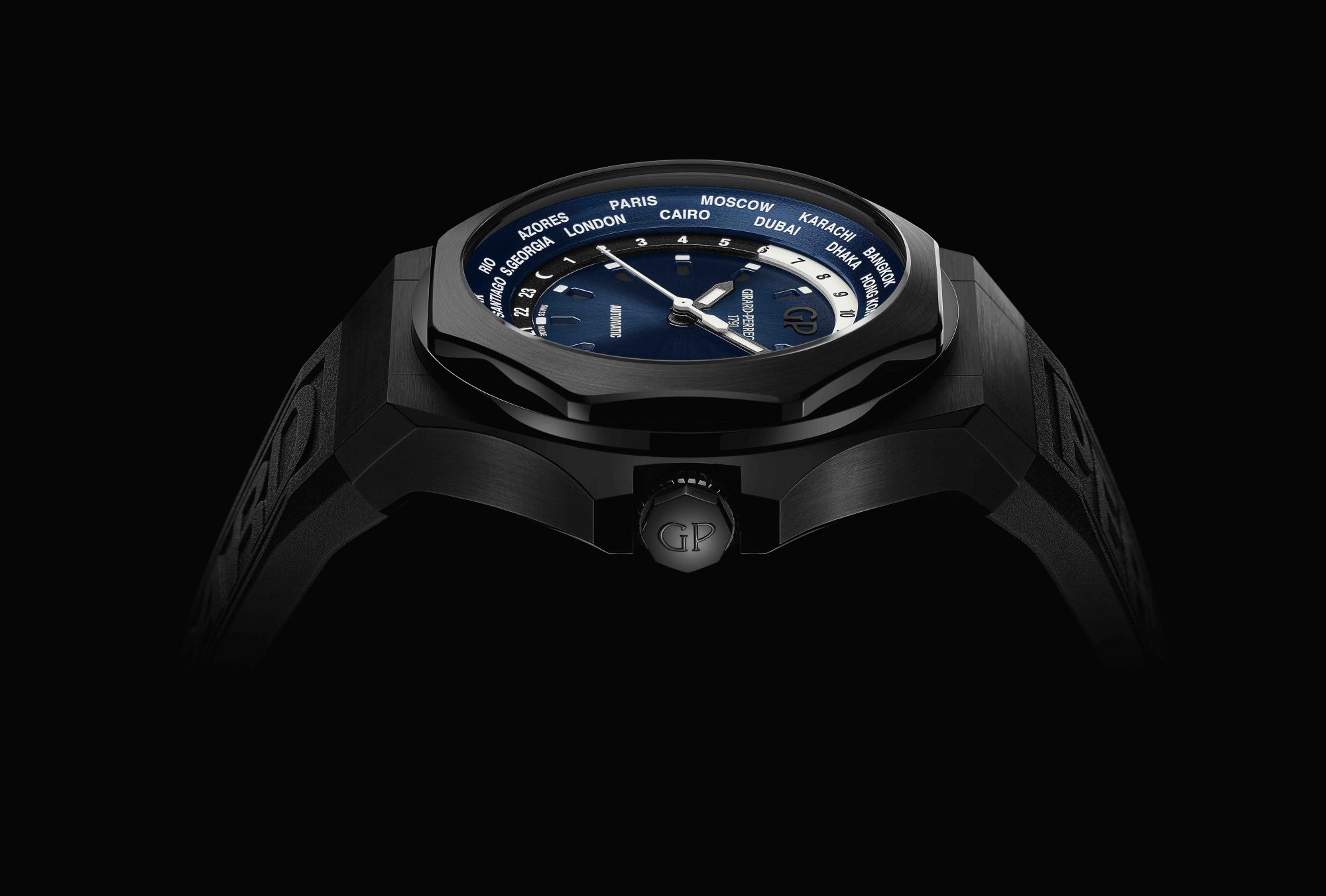 The Girard‑Perregaux Laureato Absolute watch is dark and handsome, and boasts elements such as a rubber strap injection‑moulded with the brand name