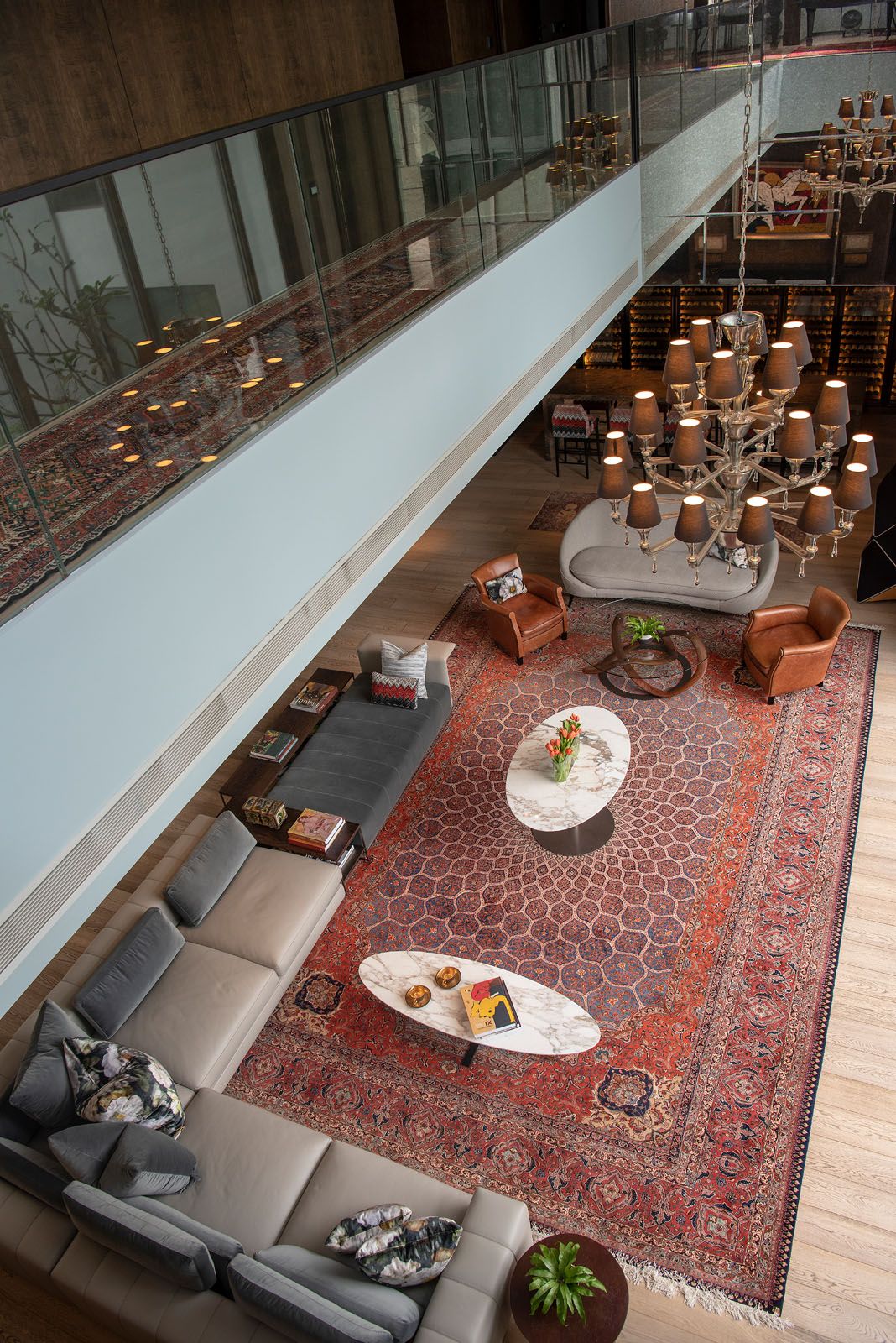 An overview of the living area from the second storey of the penthouse