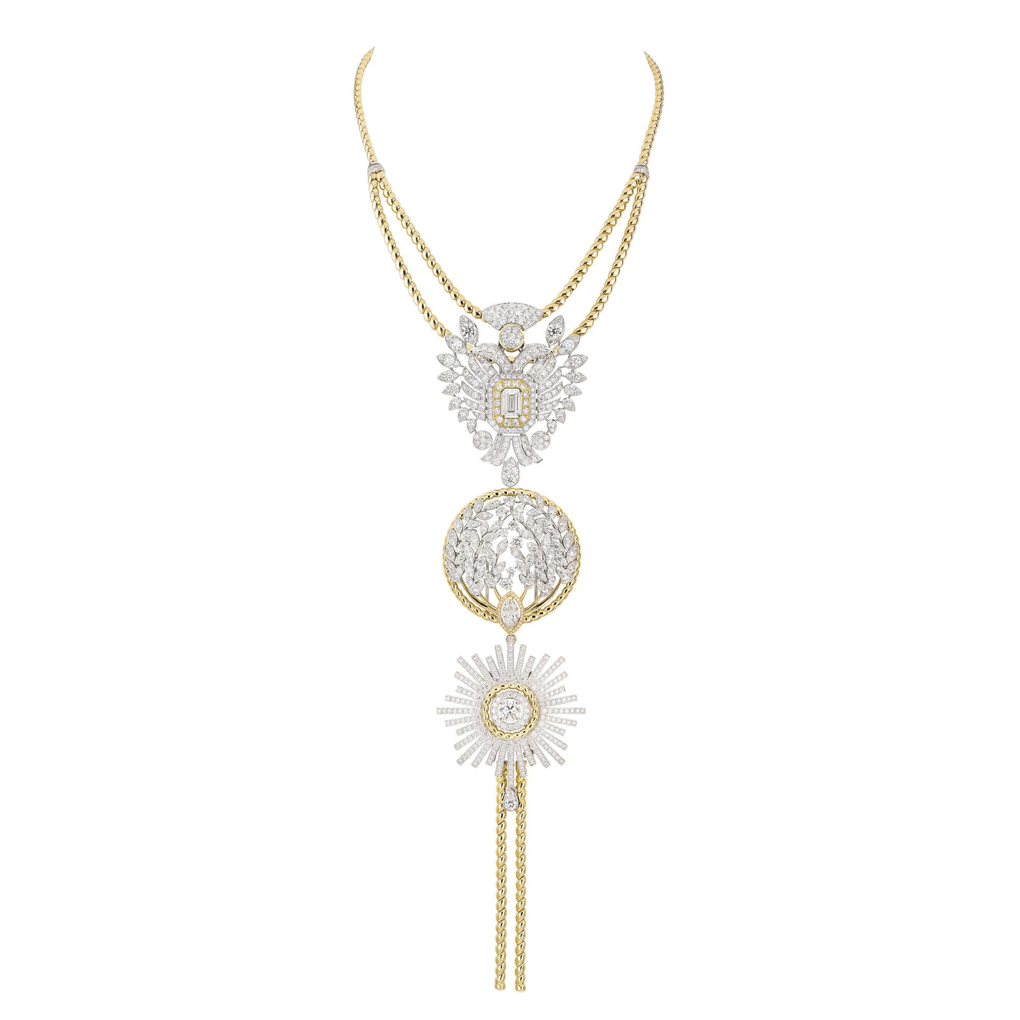 Medaille Solaire transformable necklace in white and yellow gold and diamonds