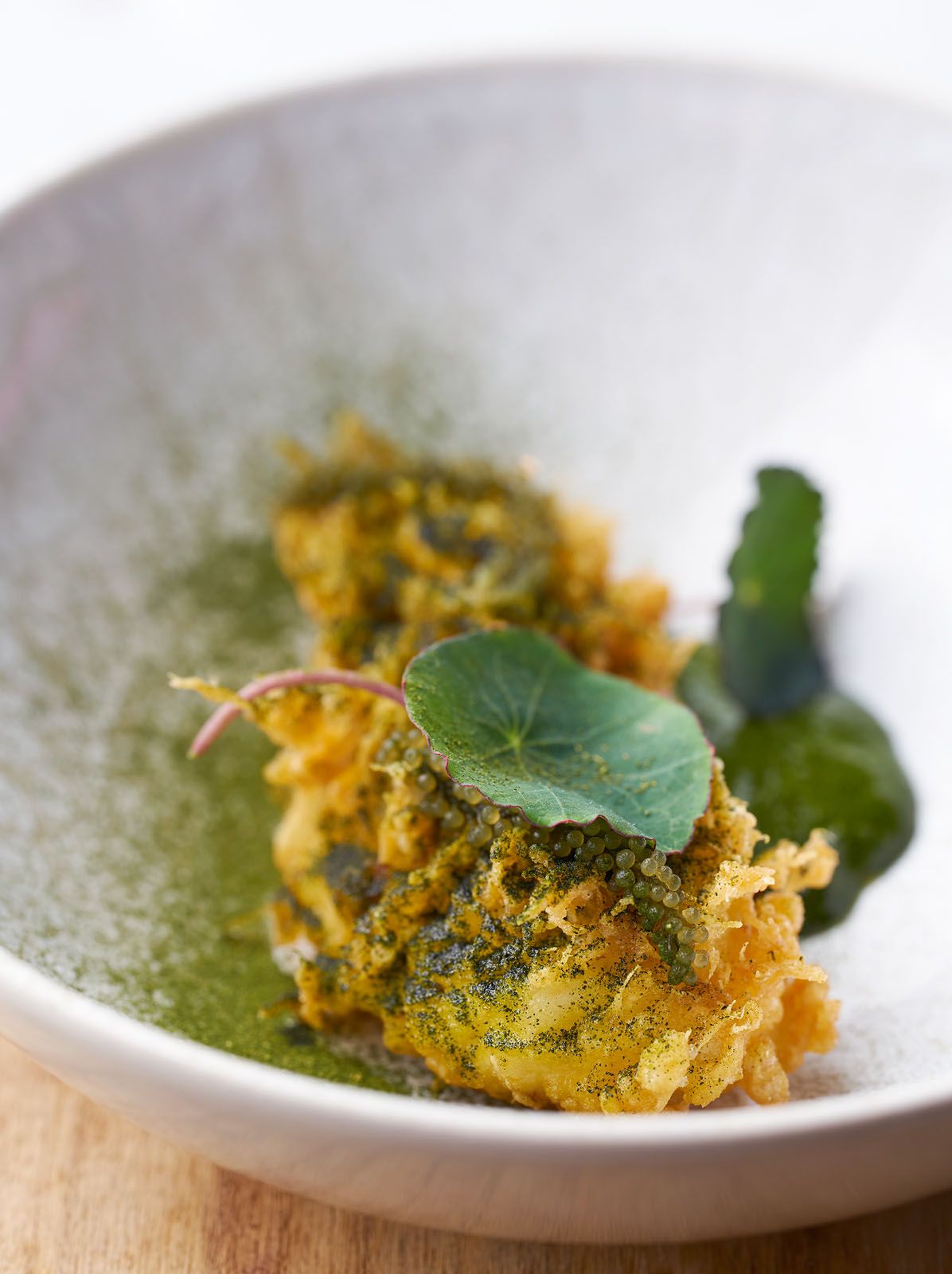 Local wild caught crayfish, dipped in batter, deep-fried and served with Victorian nasturtium puree, from restaurant Labyrinth