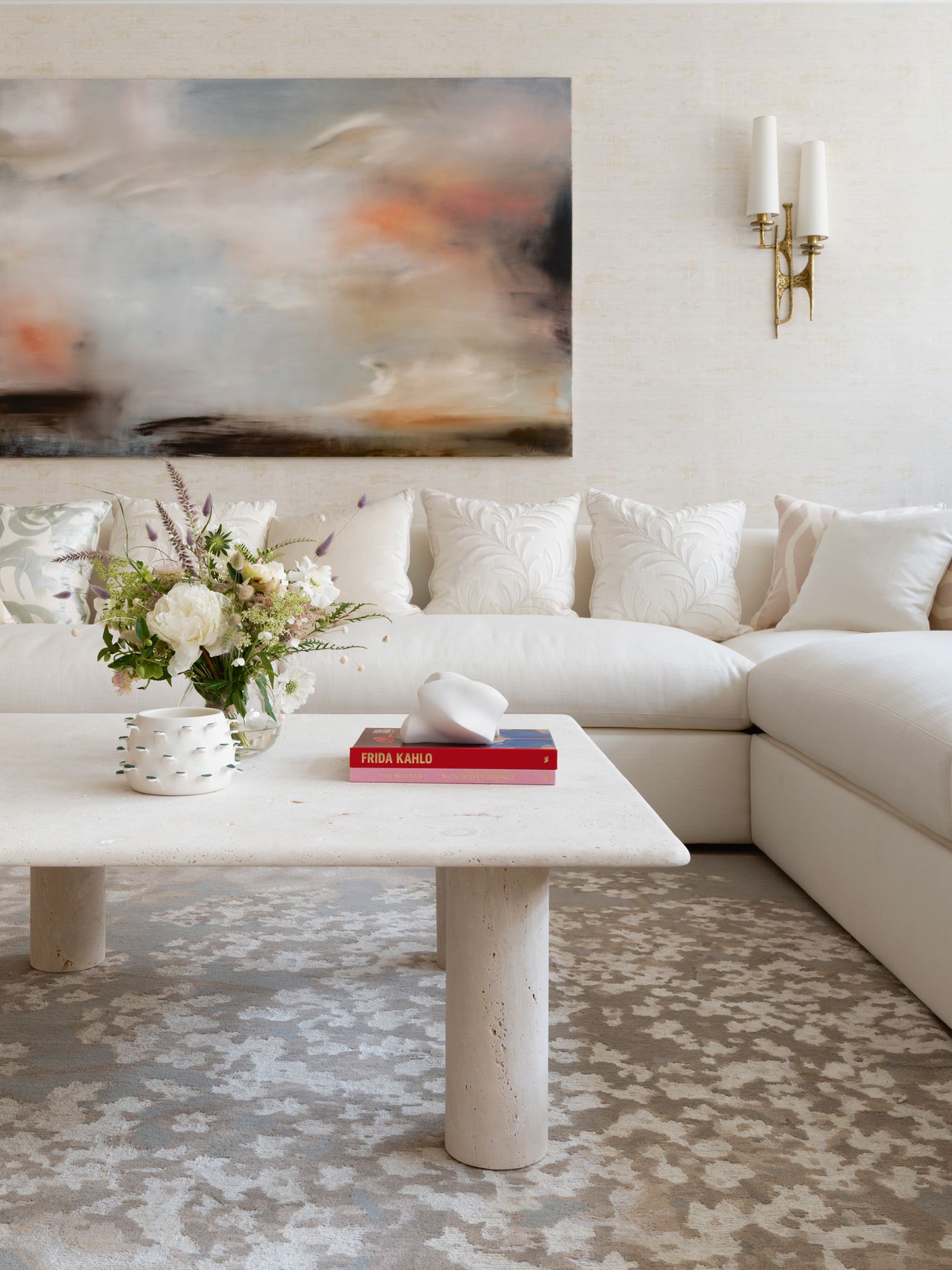 An abstract work by UK artist J R Swaby livens up a corner of the living room
