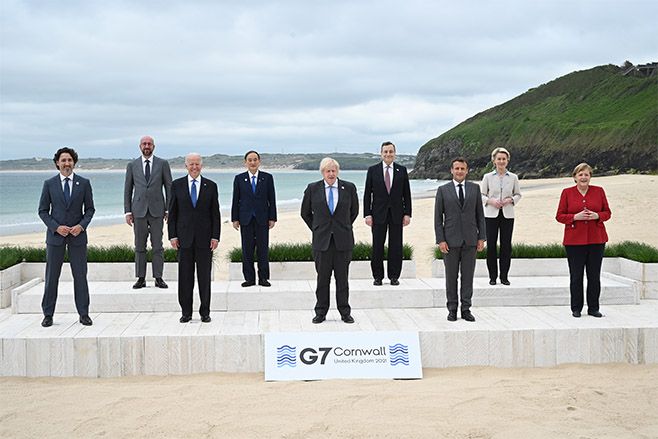 Canadian Prime Minister Justin Trudeau, President of the European Council Charles Michel, US President Joe Biden, Japanese Prime Minister Yoshihide Suga, British Prime Minister Boris Johnson, Italian Prime Minister Mario Draghi, French President Emmanuel Macron, President of the European Commission Ursula von der Leyen and German Chancellor Angela Merkel, pose for the Leaders official welcome during the G7 Summit. Photo: Leon Neal - WPA Pool/Getty Images
