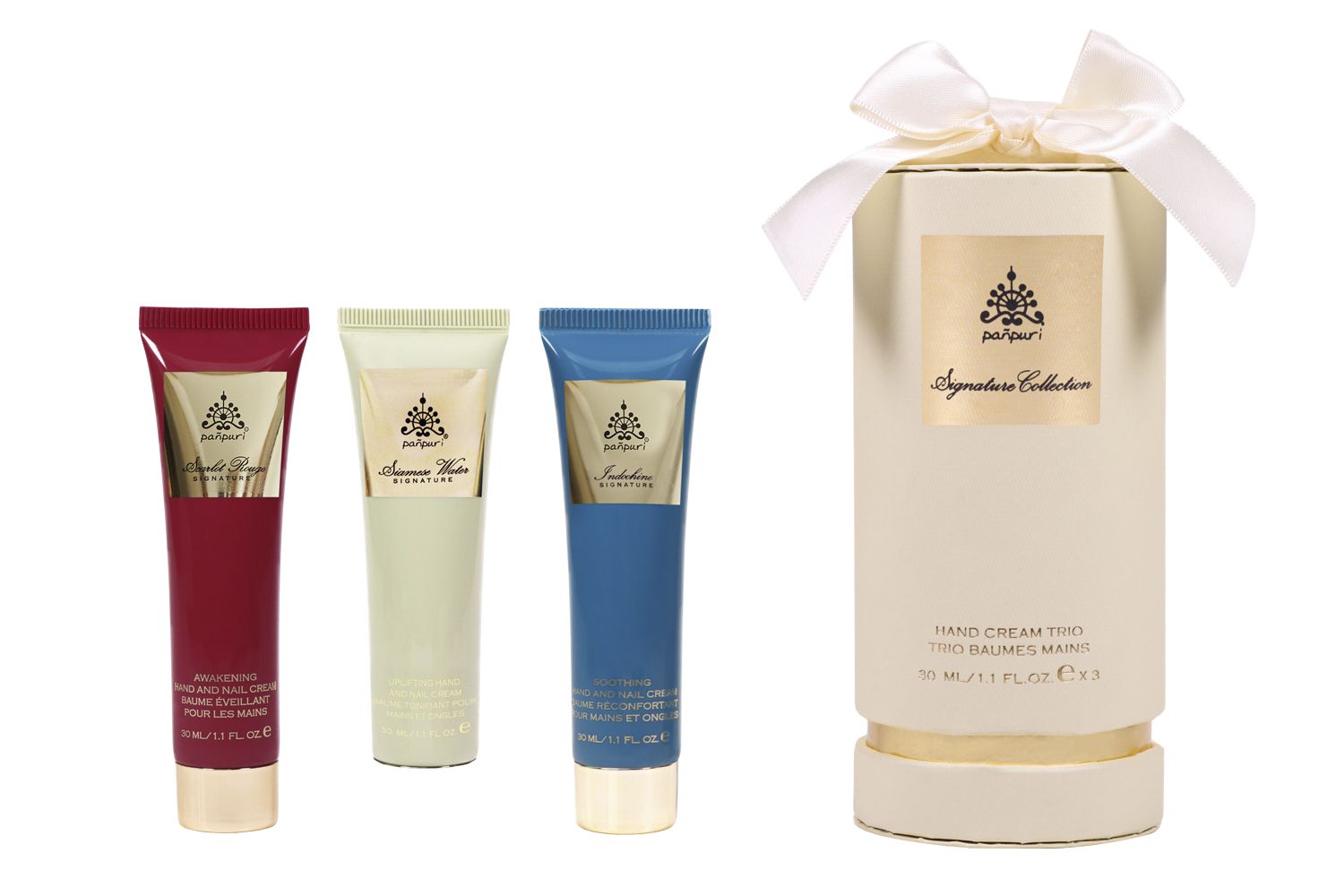 The Hand Cream Trio from Panpuri’s Signature Collection features three formulas—Scarlet Rouge Awakening, Indochine Soothing and Siamese Water Uplifting Hand and Nail Cream for a total hand spa.