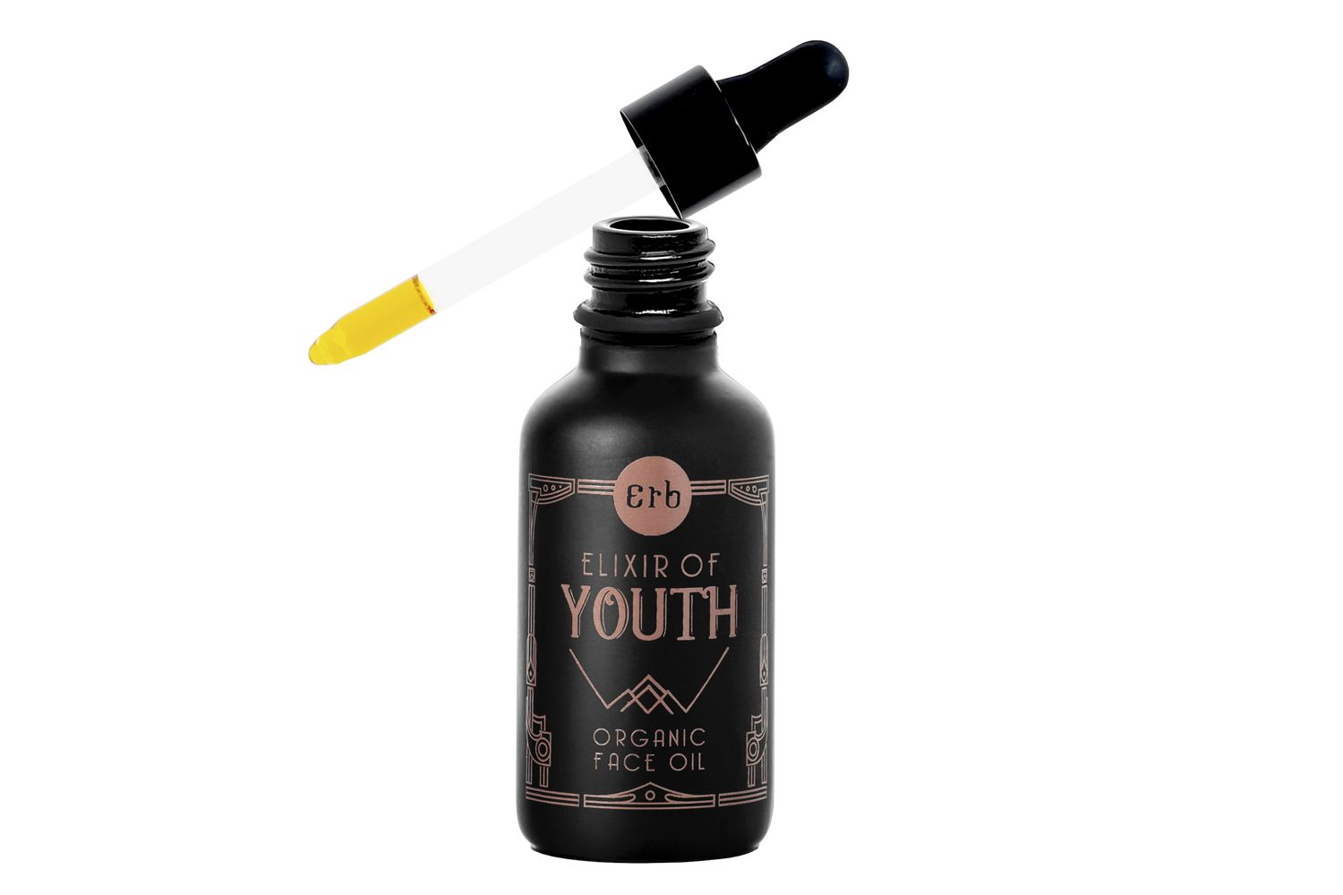 Erb's Elixir of Youth organic face oil contains four certified organic ingredients—rosehip oil, absolute rose oil, grape seed oil and vitamin E. It is suitable for all skin types and produces a dewy glow that lasts all day.