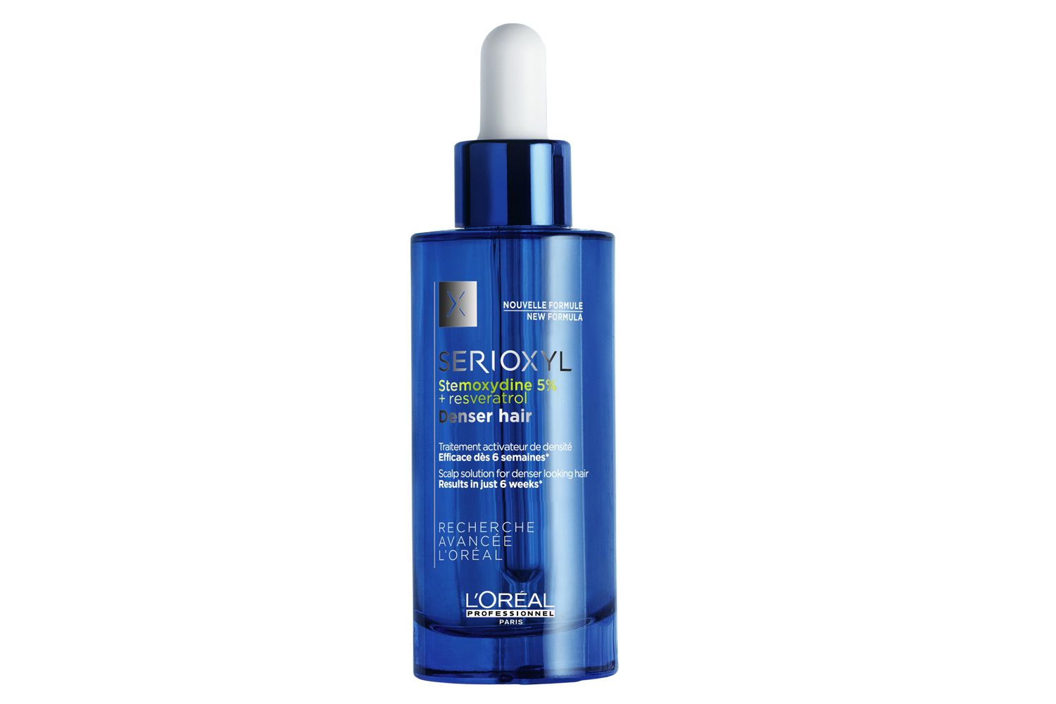 Formulated with stemoxydine and resveratrol—molecules that awaken dormant follicles to create new hair—in just six weeks L’Oreal Professionnel’s new Serioxyl scalp serum adds visible density to thin or fine tresses.