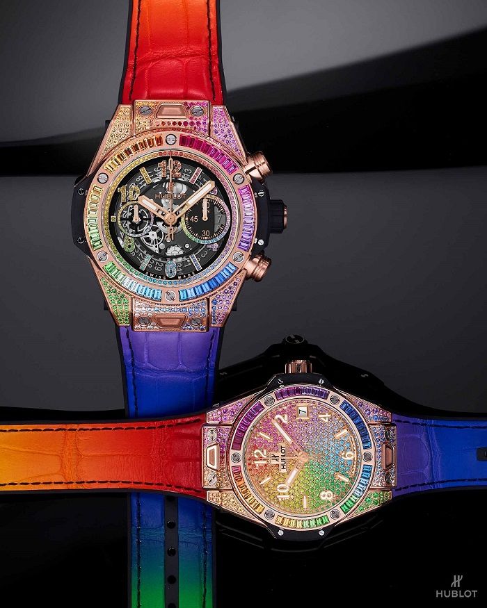 Big Bang Unico彩虹寶石計時碼錶、Big Bang One Click彩紅寶石腕錶by Hublot。