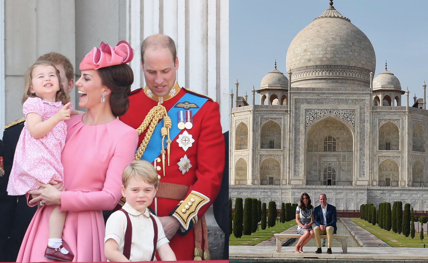 LONDON, ENGLAND - JUNE 17: Catherine, Duchess of Cambridge, Princess Charlotte of Cambridge, Prince George of Cambridge and Prince William, Duke of Cambridge look on from the balcony during the annual Trooping The Colour parade on June 17, 2017 in London, England. (Photo by Samir Hussein/Samir Hussein/WireImage)