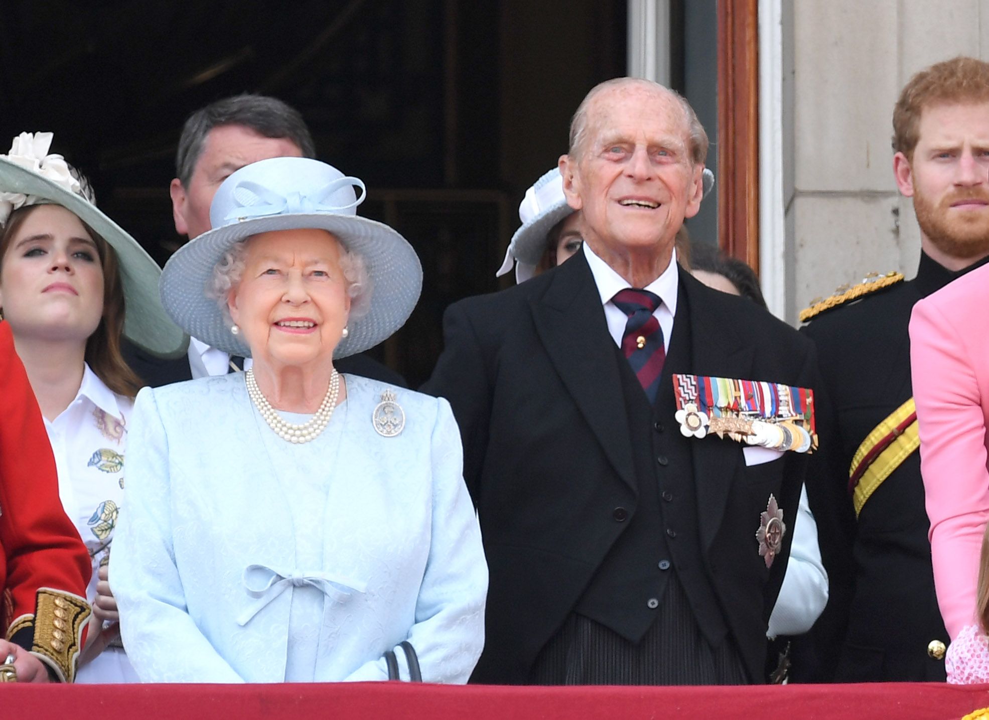 LONDON, ENGLAND - JUNE 17: Queen Elizabeth II and Prince Philip, Duke of Edinburgh look on from the balcony during the annual Trooping The Colour parade at the Mall on June 17, 2017 in London, England. (Photo by Karwai Tang/WireImage)