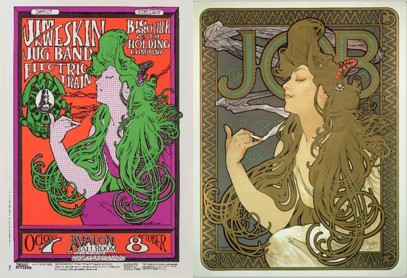 美國吉姆·基威斯金水罐樂隊(Jug Band)音樂海報便是致敬慕夏的香菸宣傳海報《若普(JOB)》/圖 慕夏基金會ⒸMucha Trust 2020