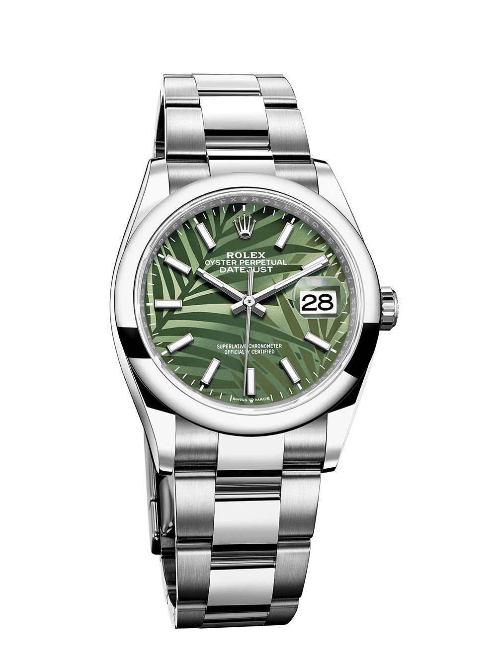 Oyster Perpetual Datejust 36,36毫米,蠔式鋼,搭橄欖綠色棕櫚葉圖案錶面by Rolex。