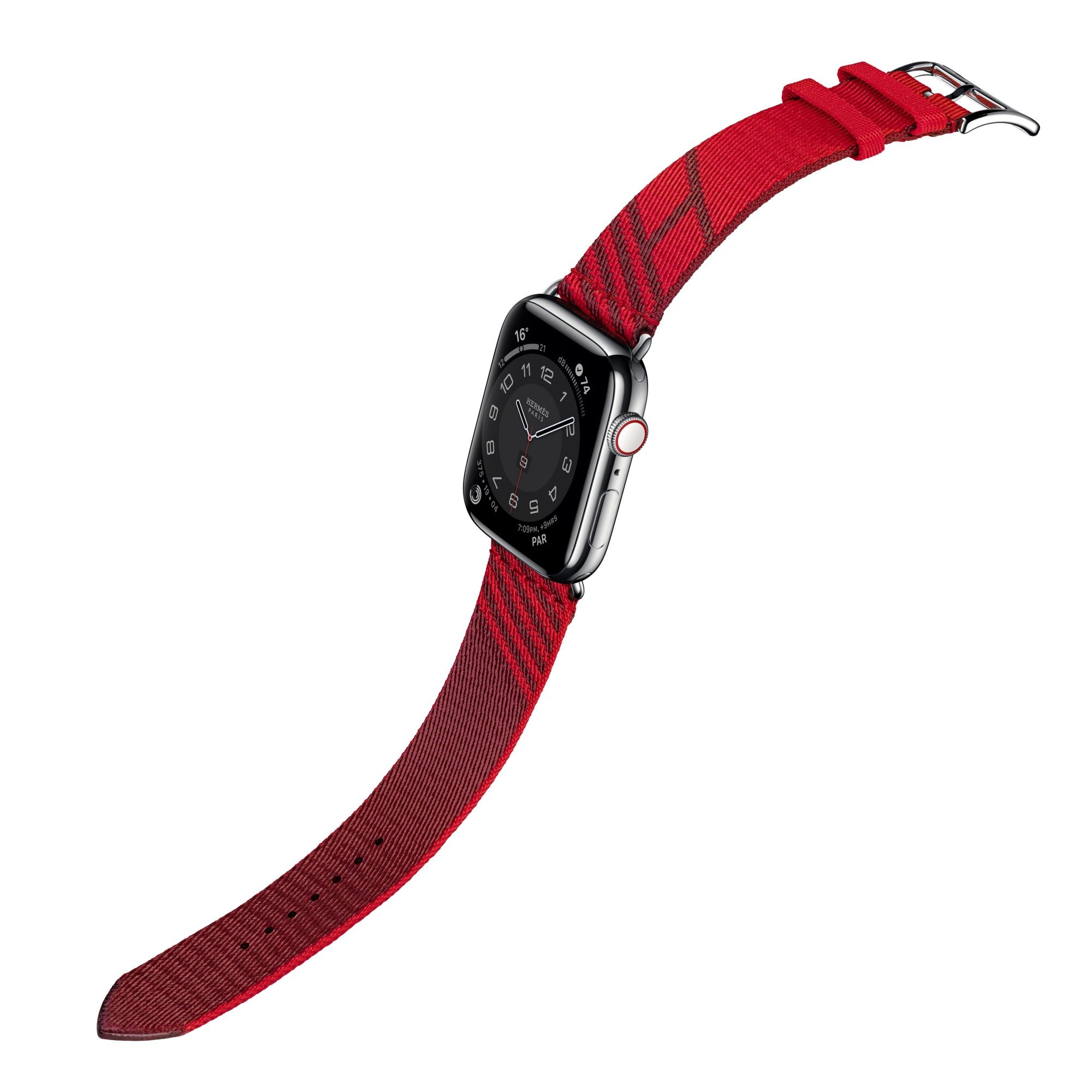第六代 Apple Watch Hermès Jumping 圖紋印花系列織帶錶款(愛心紅與愛馬仕紅),建議售價 NT$9,900