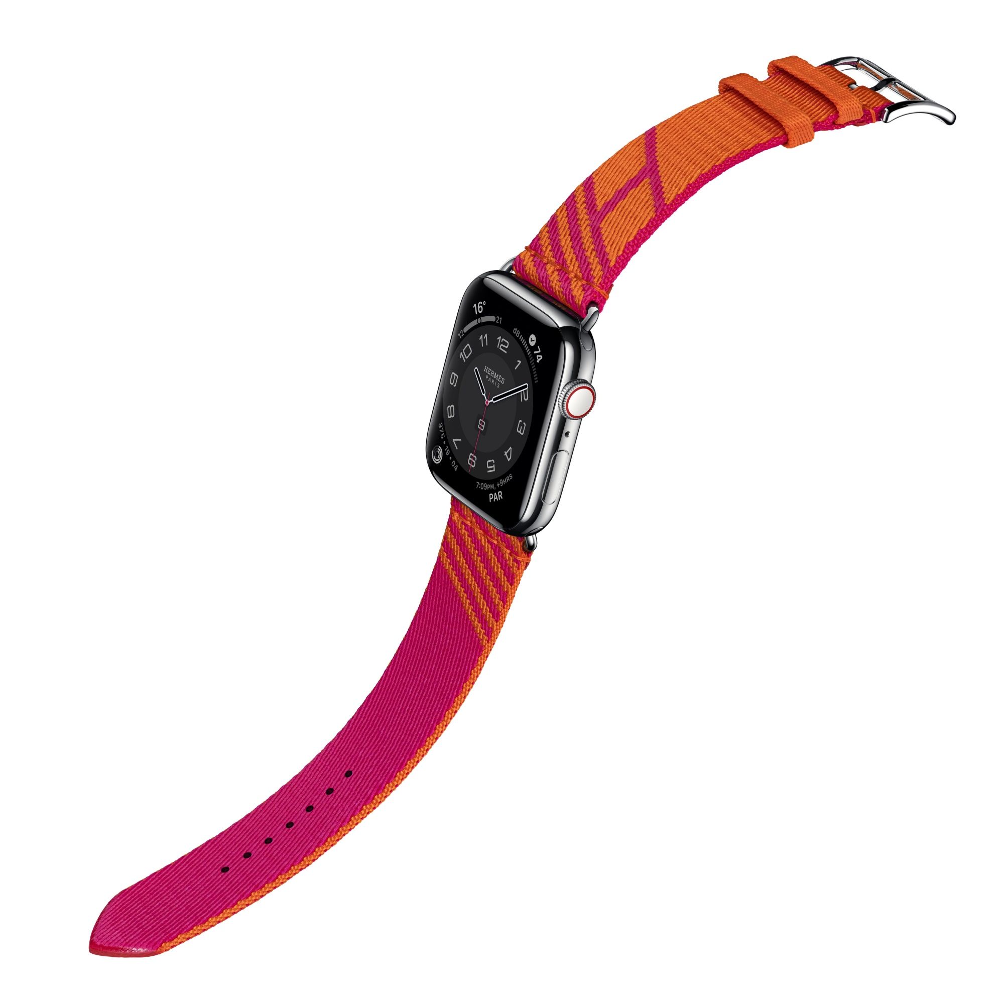 第六代 Apple Watch Hermès Jumping 圖紋印花系列織帶錶款(橘色與墨西哥玫瑰色),建議售價 NT$9,900