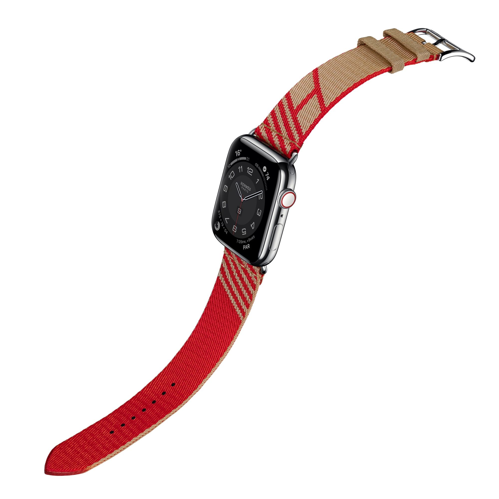 第六代 Apple Watch Hermès Jumping 圖紋印花系列織帶錶款(牛皮紙色與愛心紅色),建議售價 NT$9,900