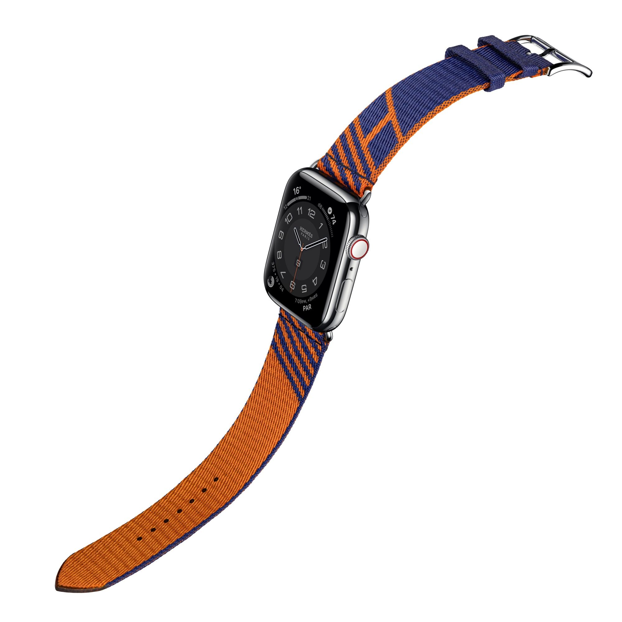 第六代 Apple Watch Hermès Jumping 圖紋印花系列織帶錶款(藍寶石色與橘色),建議售價 NT$9,900