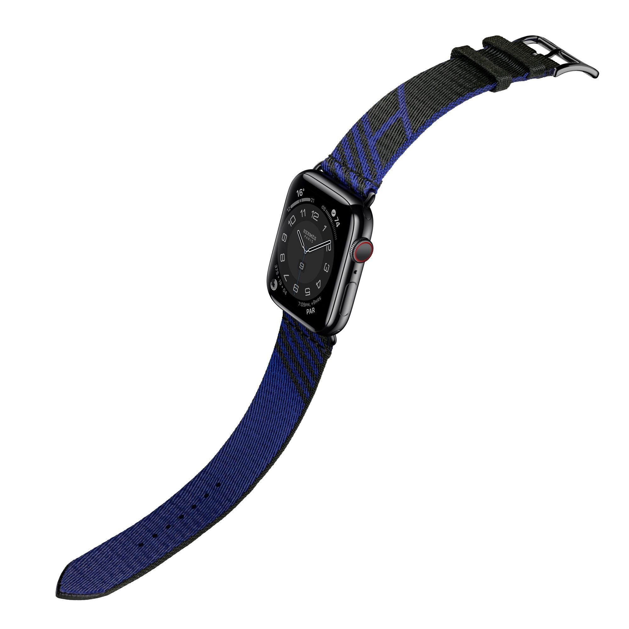 第六代 Apple Watch Hermès Jumping 圖紋印花系列織帶錶款(黑色與藍寶石色),建議售價 NT$9,900