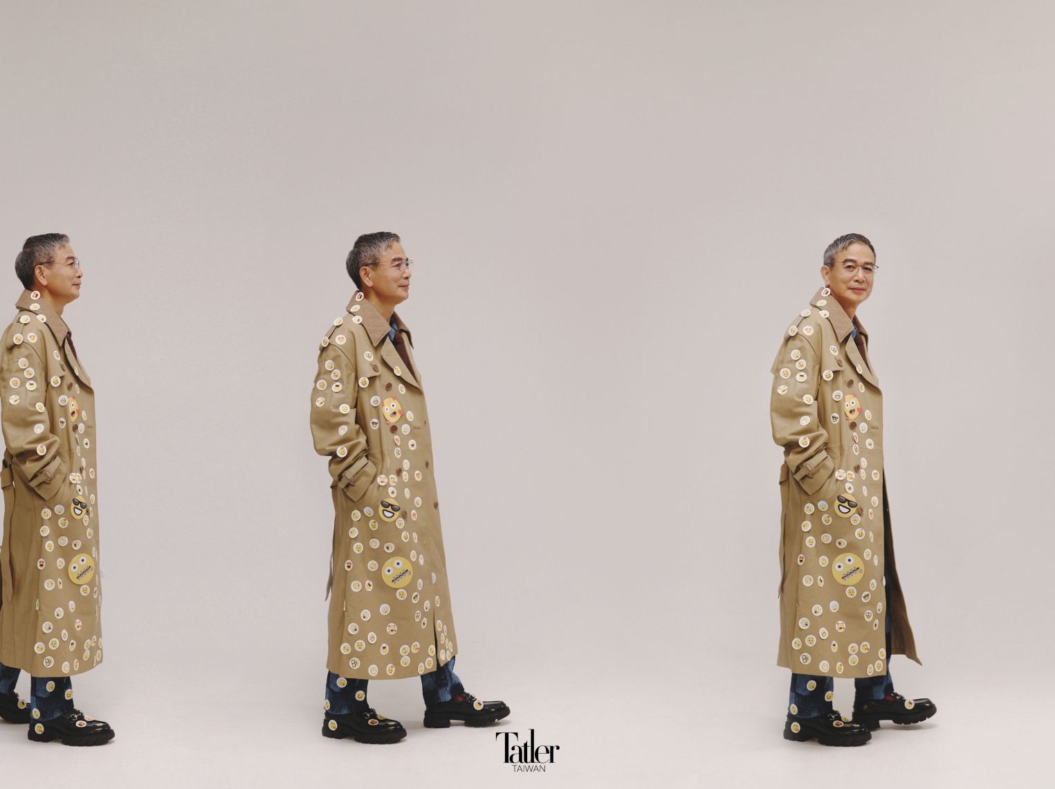 大衣 by Coach;襯衫、長褲 both by
Louis Vuitton;光學眼鏡 by ic! Berlin (可於 2020EYEhaus 購入);皮鞋 by
Gucci;領帶 by Brooks Brothers。