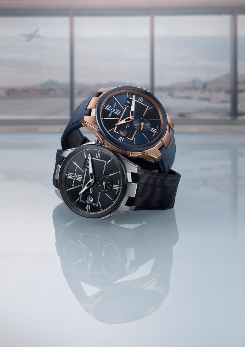 42毫米雙時區腕錶玫瑰金款與黑色面盤款 by Ulysse Nardin。